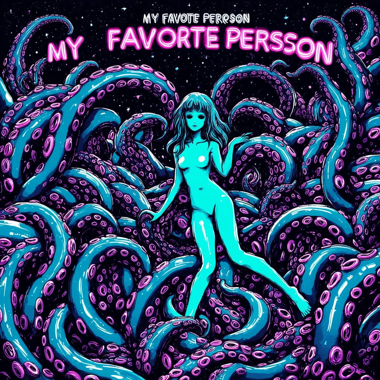 Saturn Neon Song Cover with Tentacles and Floating Title My Favorite Person
