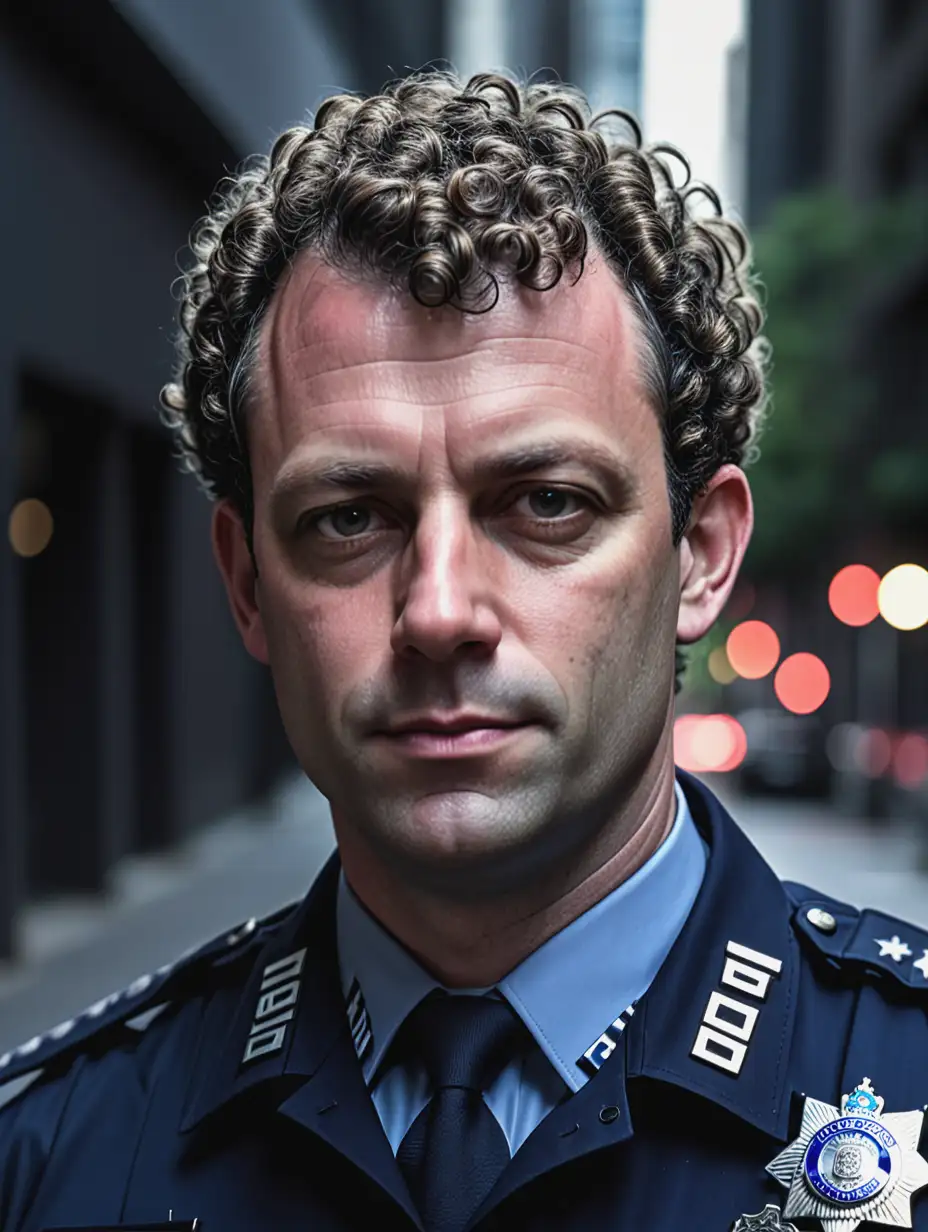 35-летний мужчина полицейский комиссар в городе, в тёмных тонах, со светлыми короткими кучерявыми волосами