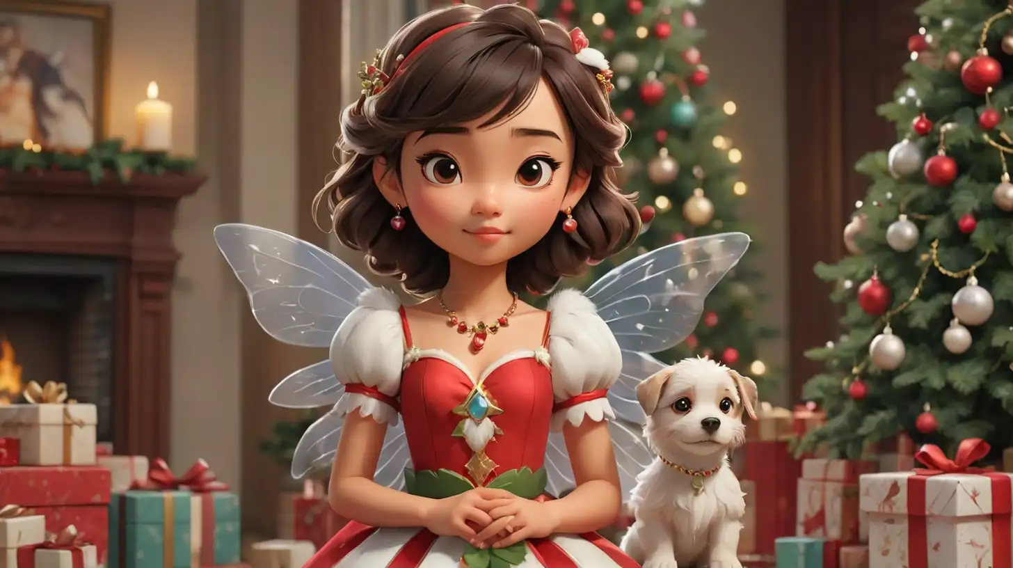 Asian Girl Fairy in Disney Style Christmas Outfit with Gifts and Puppy