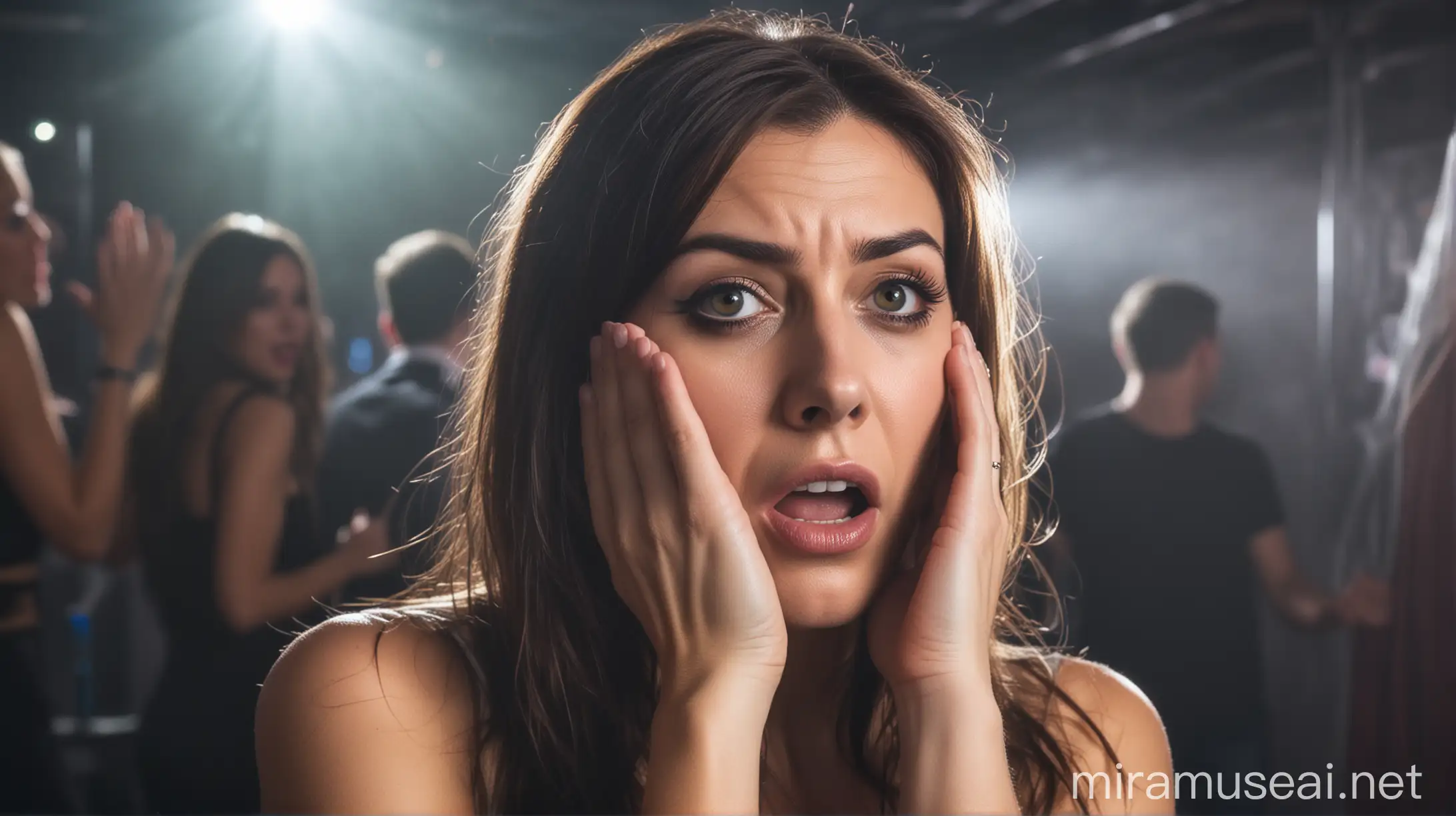 Anxious Woman Concealing Herself in Nightclub Atmosphere
