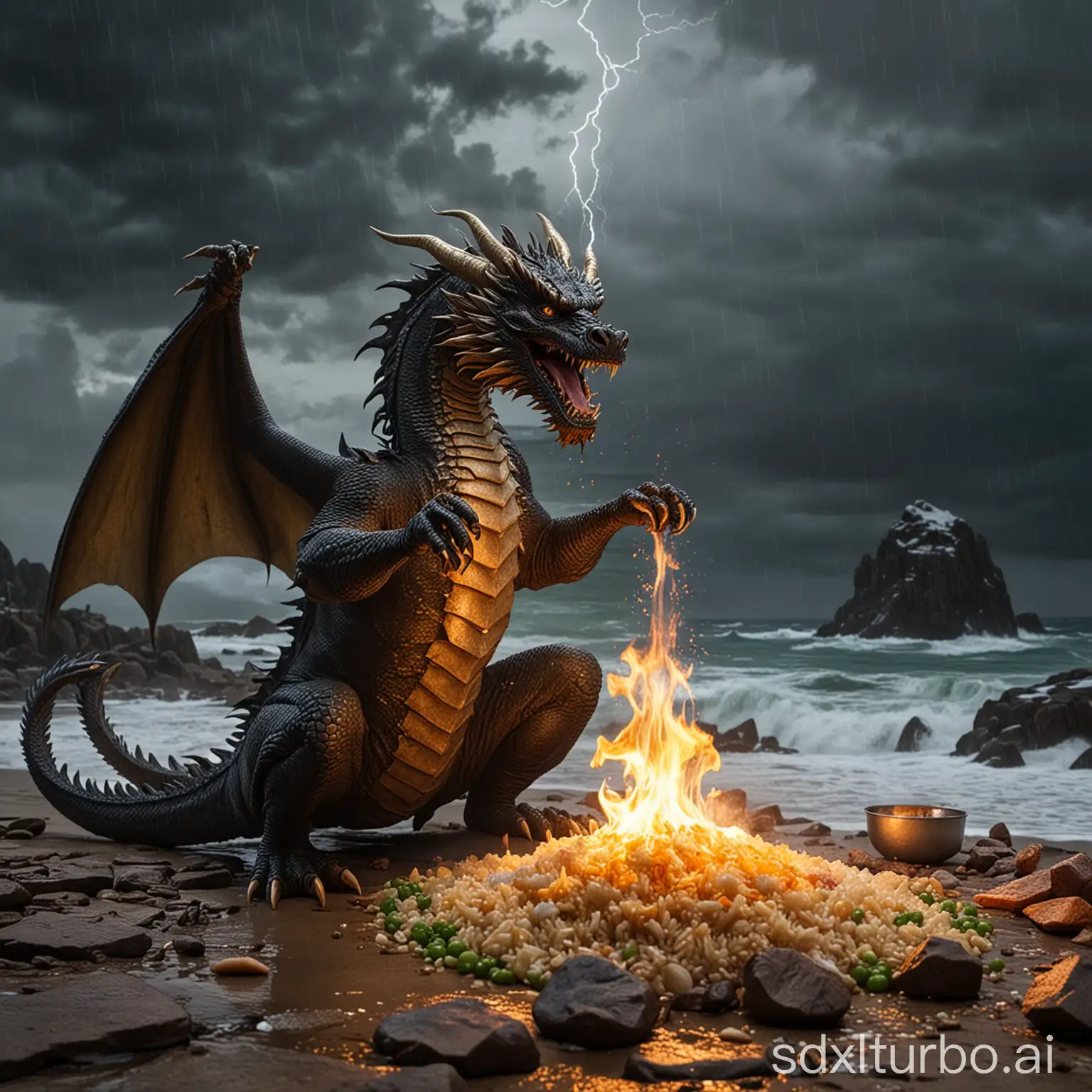The dragon kneels down to cook fried rice in the storm