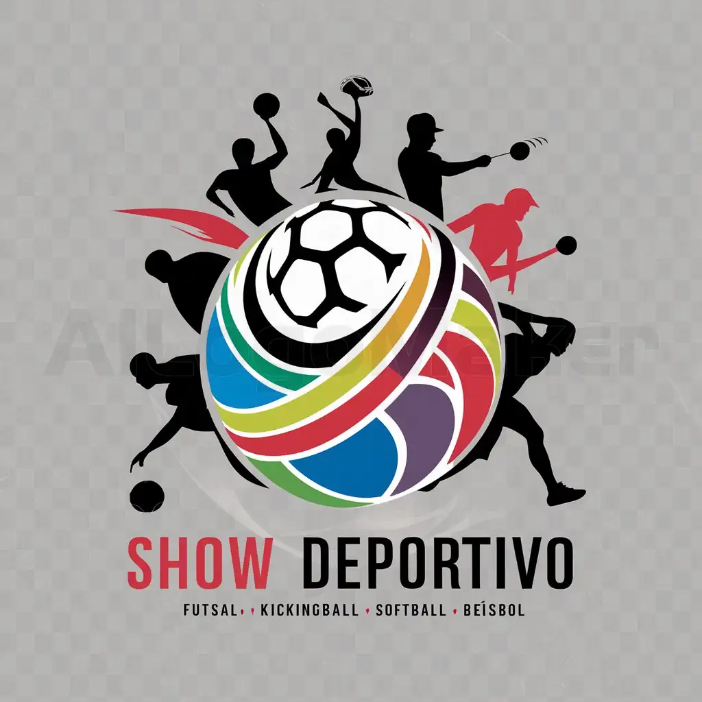 a logo design,with the text "show deportivo", main symbol:Imagina un logo que refleje la diversidad deportiva de Bruzual, with elements representing sports such as Futsal, Kickingball, softball, beisbol and more. How would you integrate different sports into a harmonious and attractive design? Let yourself be inspired by the passion of our community and create a logo that connects with sports lovers in Bruzual!,Moderate,clear background