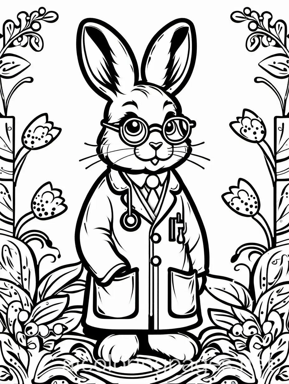 An older rabbit, dressed like a doctor, wearing glasses, who looks elderly, Coloring Page, black and white, line art, white background, Simplicity, Ample White Space. The background of the coloring page is plain white to make it easy for young children to color within the lines. The outlines of all the subjects are easy to distinguish, making it simple for kids to color without too much difficulty