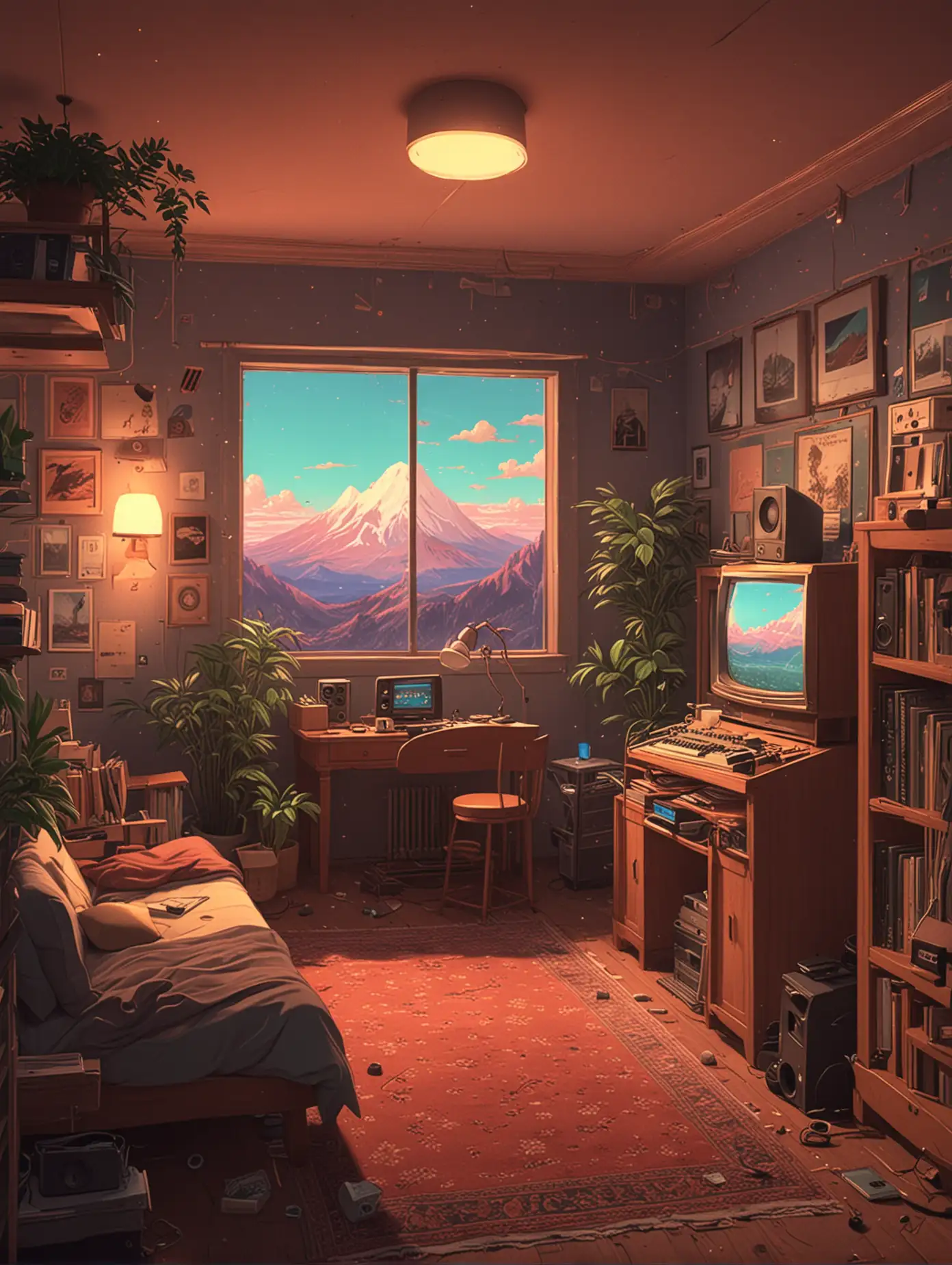 Cozy-Lofi-Room-Wallpaper-with-Vintage-Vinyl-Player-and-Soft-Ambient-Lighting