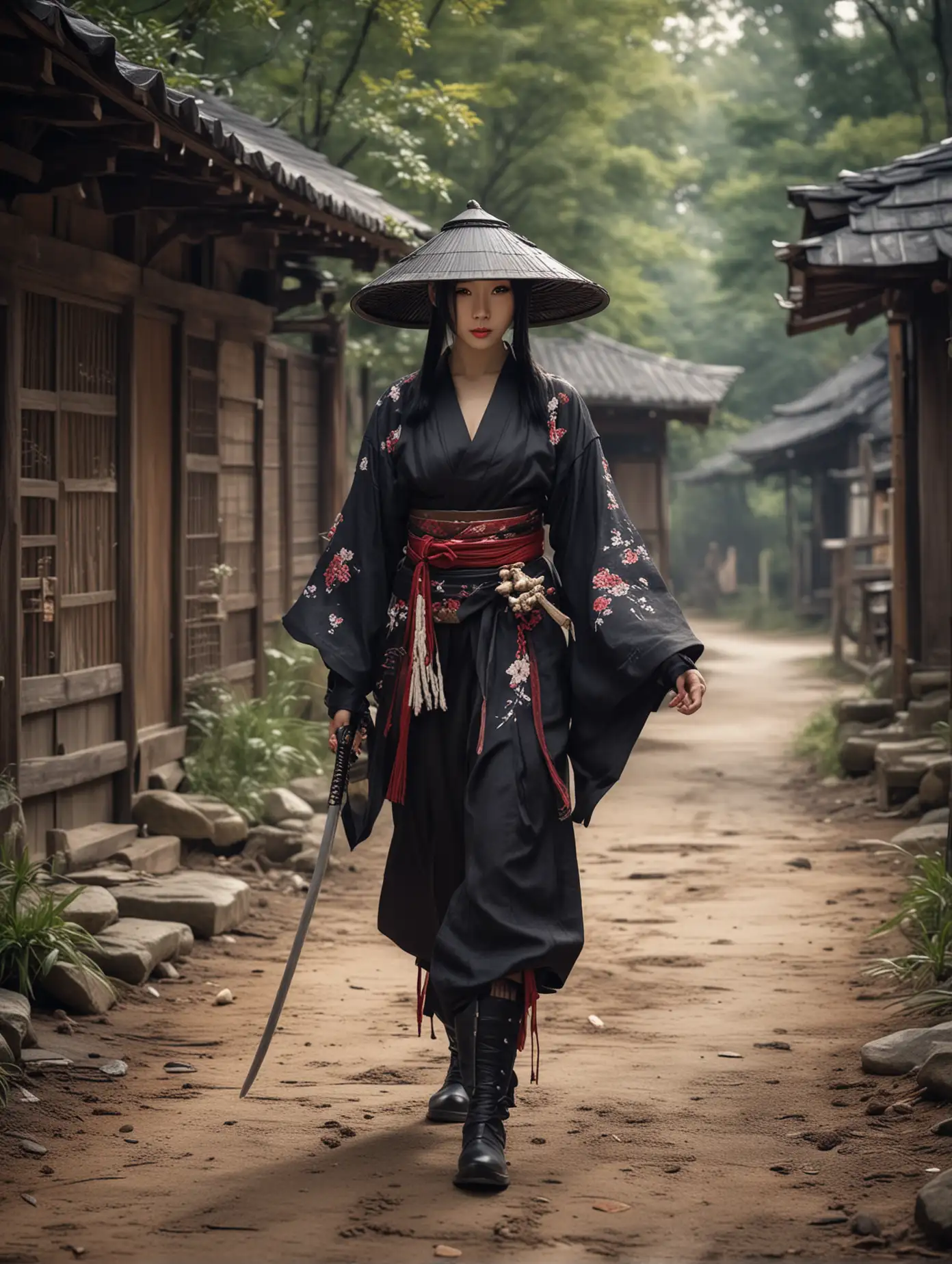 Ethereal-Fantasy-Art-American-Woman-Cosplay-as-Hayabusa-with-Katana-in-Medieval-Japanese-Cottage