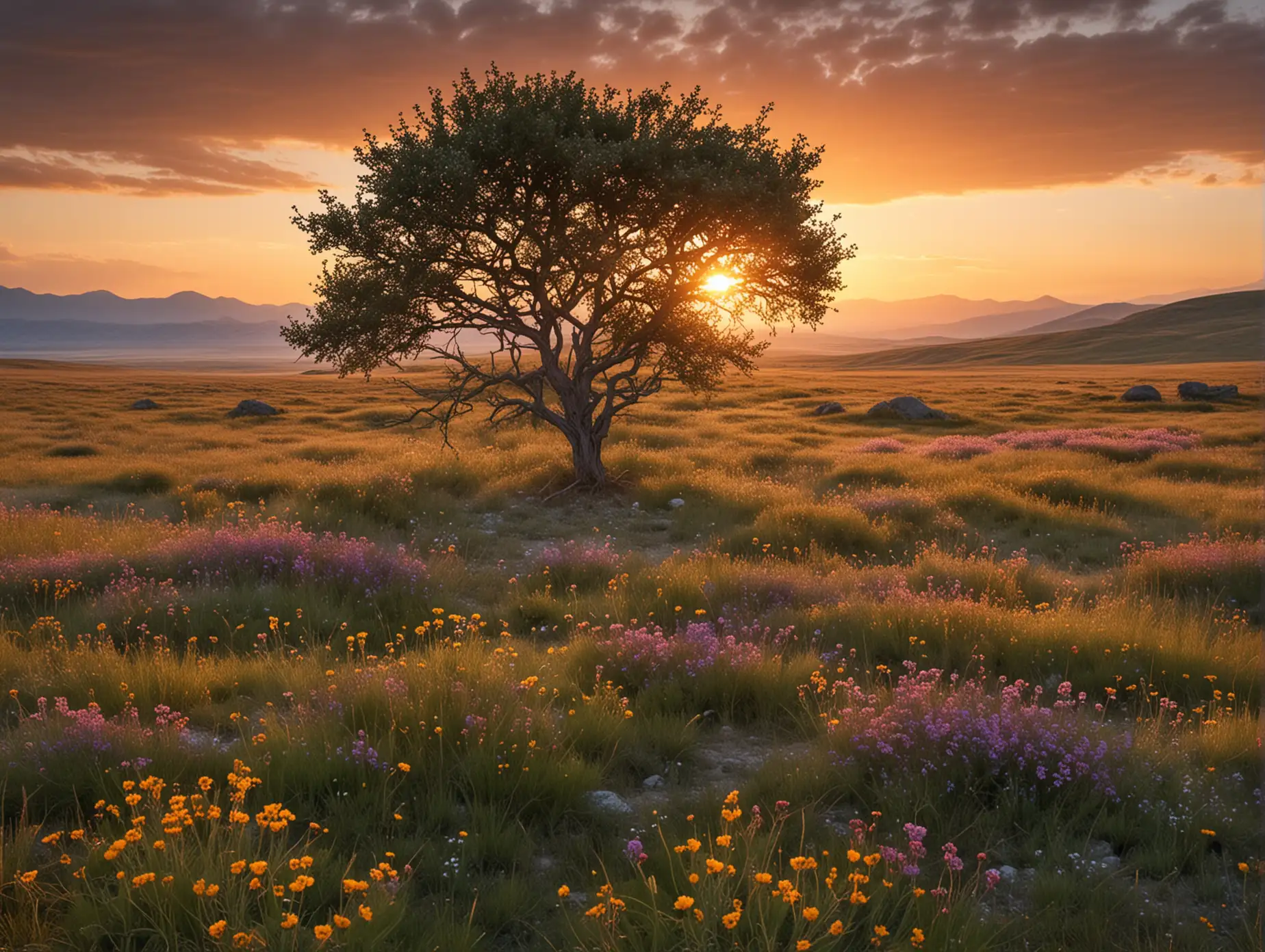 there is a tree on the prairie, mountains and setting sun in the distance, and the ground is covered with flowers