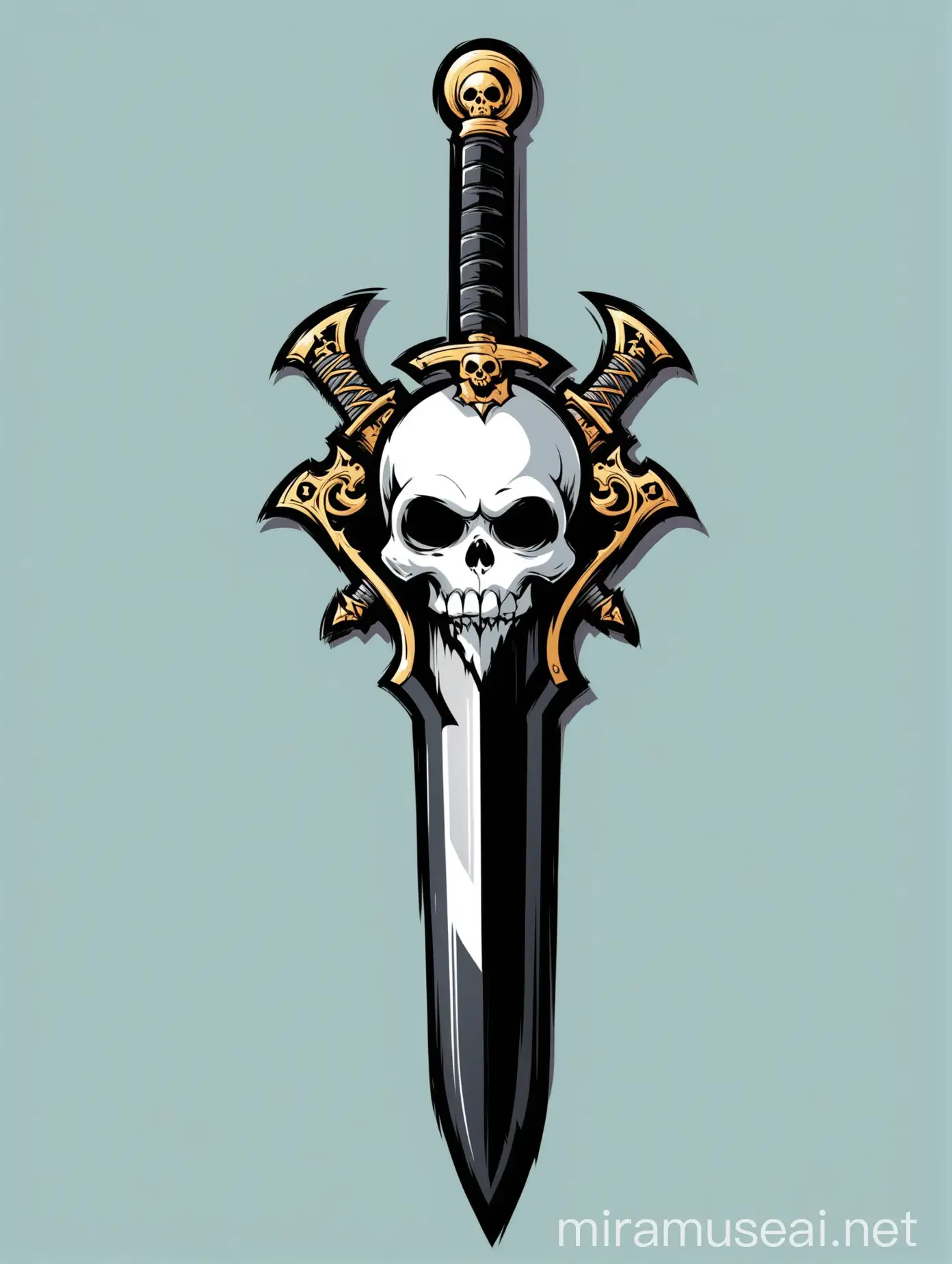 Cartoon Style Fantasy Black Sword with Skull on White Background