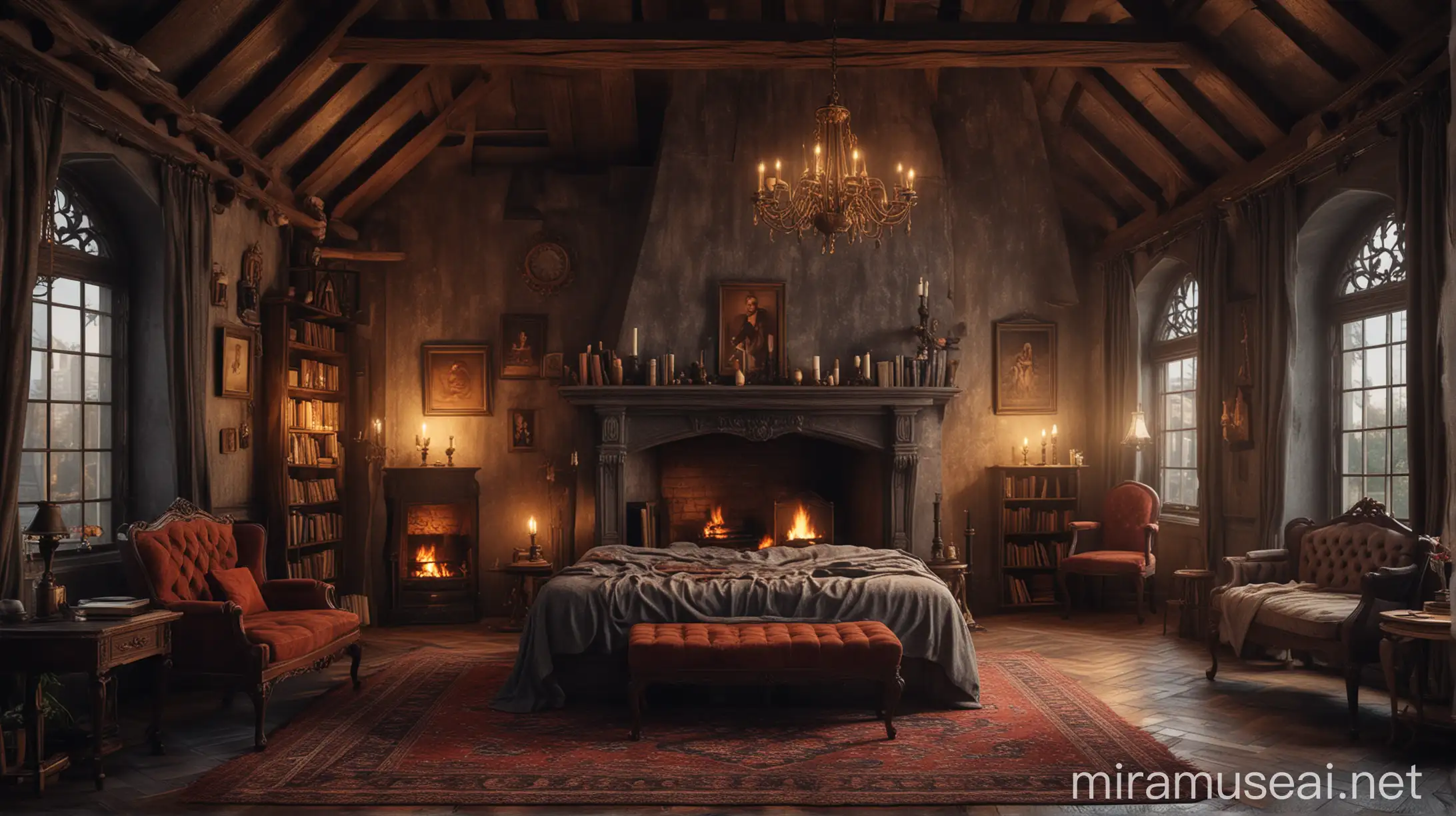 Cozy Gothic Library with Fireplace and Bed