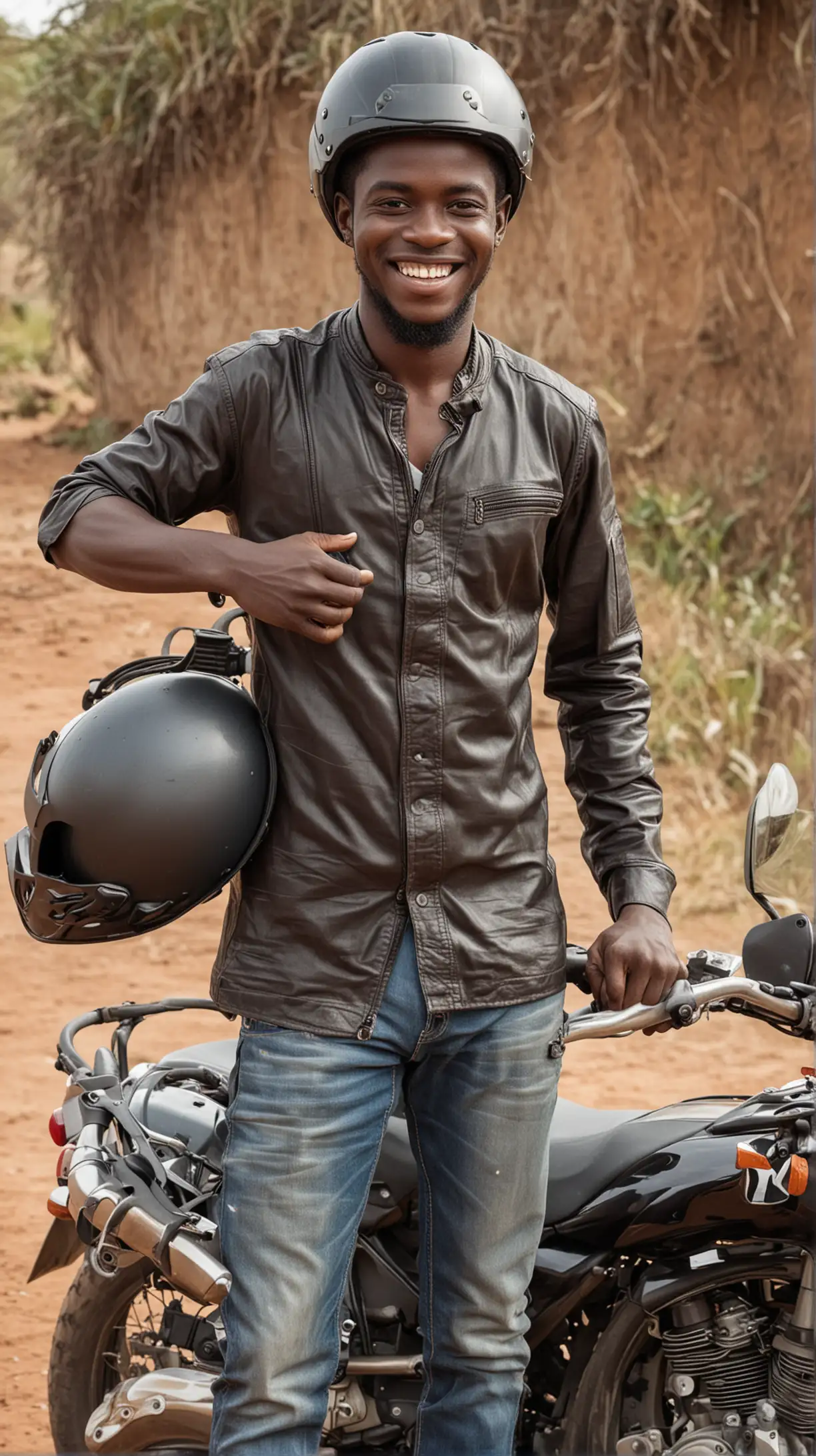 smiling African motorbike rider standing holding his helmet no bike

