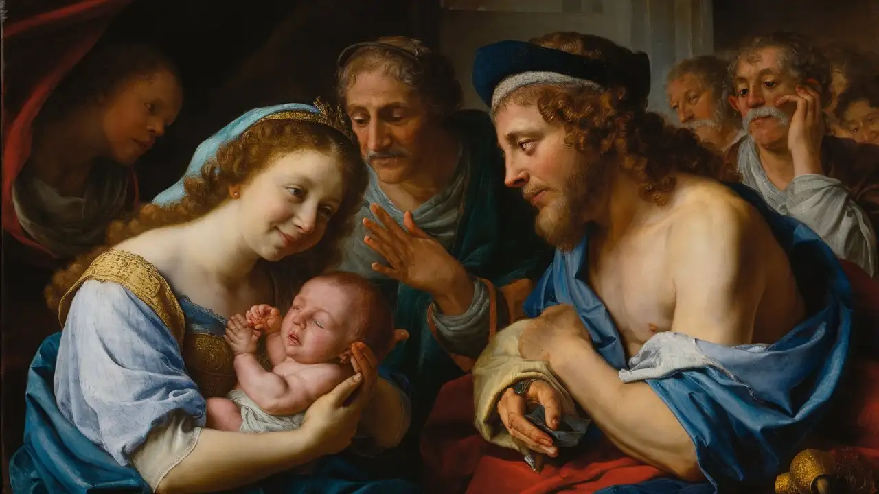 An image focusing on Solomon's discerning gaze as he looks intently at the two women before him. The true mother, with tears of joy streaming down her face, clutches her baby tightly to her chest, while the impostor hangs her head in shame, knowing that her attempt to deceive has failed. In the background, the members of the court whisper amongst themselves, acknowledging Solomon's wisdom and the true mother's selflessness.
