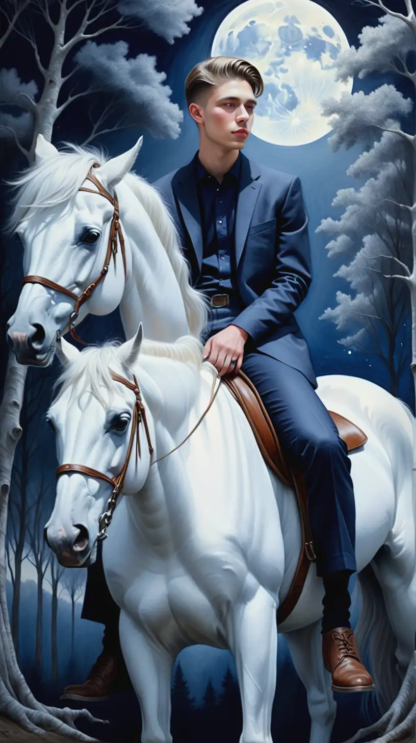 Handsome Young Man Riding White Horse in Mystical Meadow Modern Realism Gouache Painting
