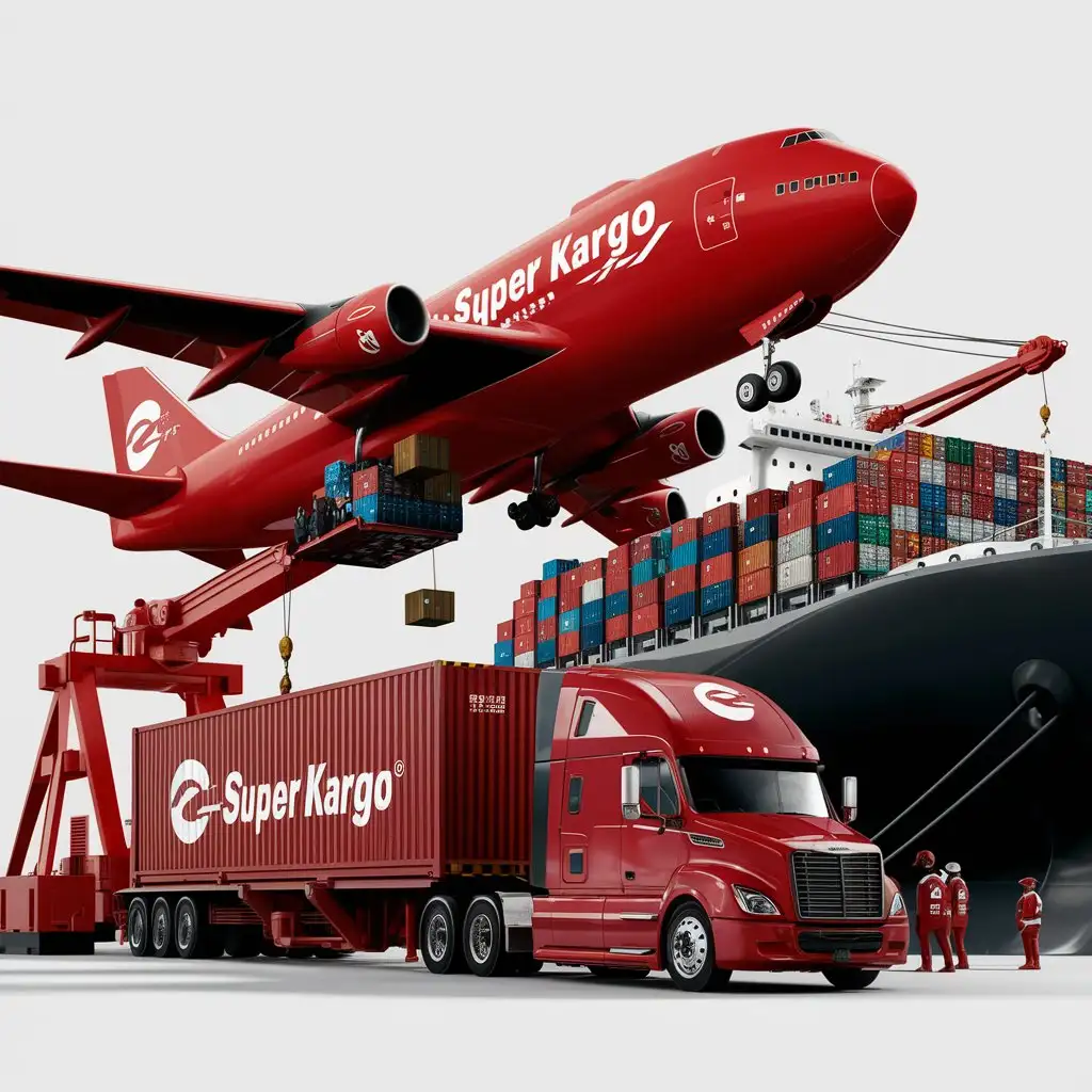 "SUPER KARGO" is written on the red Logistics plane, ship and truck