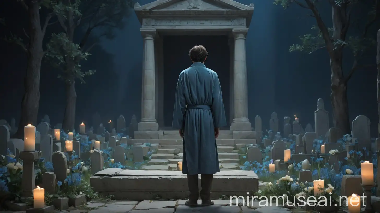 Solemn Nighttime Reflection at Tomb with Ethereal Blue Light