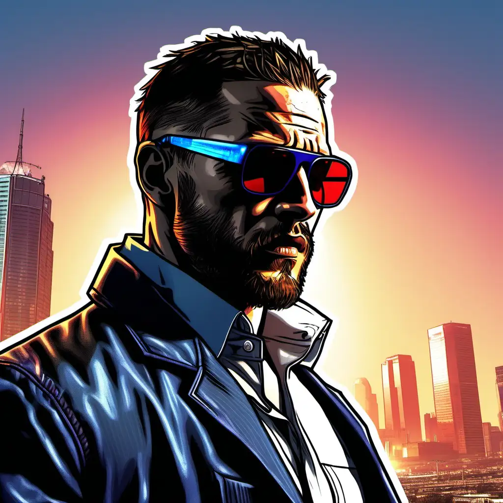 Tom Hardy is a robot, one terminator red eye, blue light aura, wearing sun glasses, GTA 5 style artwork.