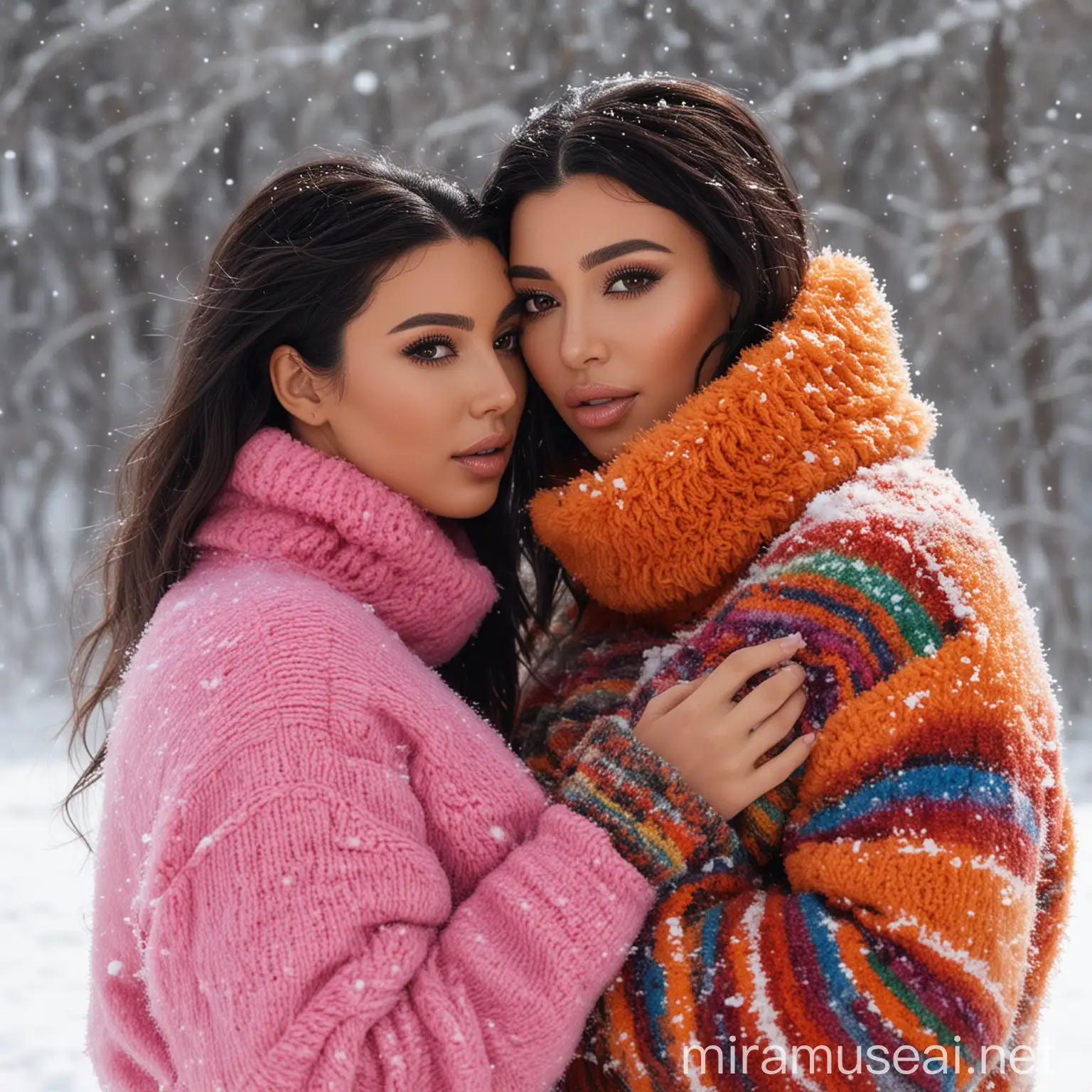 Kim kardashian and a brunette both wearing colorful fuzzy turtleneck sweaters and snuggling in the snow 