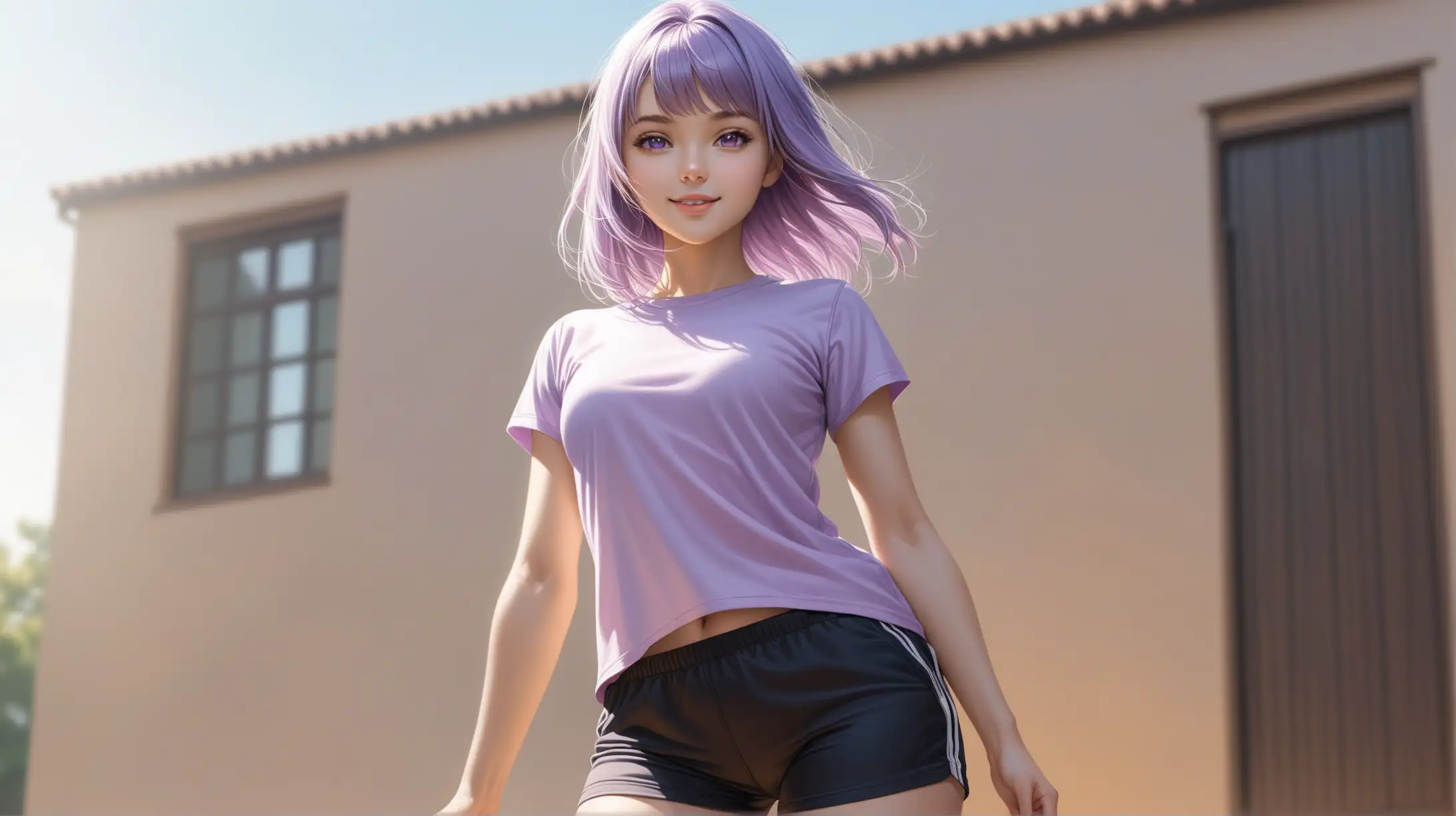 Draw a woman, shoulder length light purple hair, messy bangs framing her face, light purple eyes, petite figure, high quality, realistic, accurate, detailed, low angle shot, outdoors, standing, full body, natural lighting, seductive pose, athletic shorts and t-shirt, smiling at the viewer