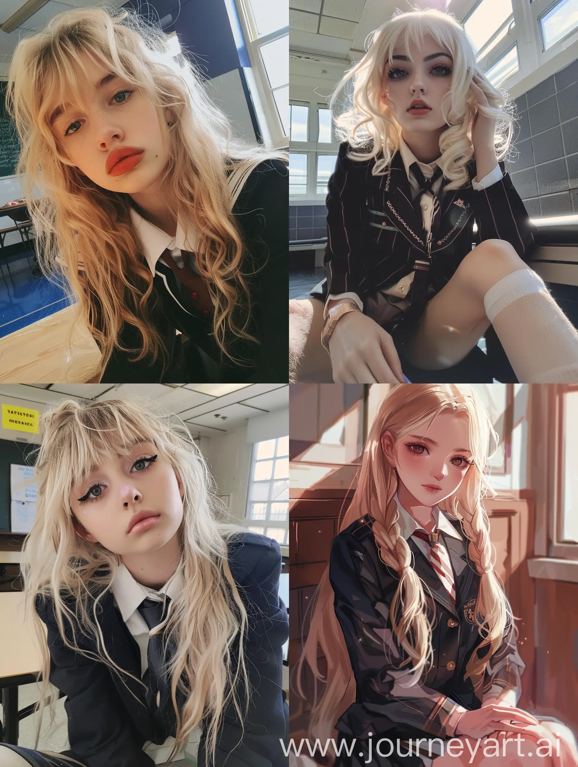 full shot of a girl, makeup, 18 years old, sitting, wearing school uniform,  at school, blonde hair, beauty