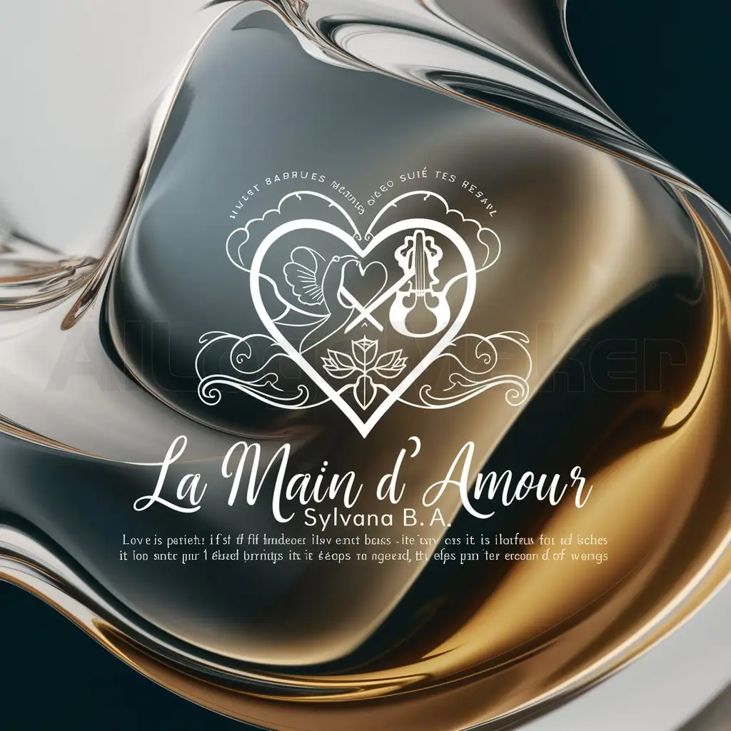 a logo design,with the text "La Main d'AMOUR by Sylvana B.A.", main symbol:Love is patient, it is full of kindness; love is not jealous; love does not boast, it is not puffed up with pride, it does not dishonor others, it is not self-seeking, it is not easily angered, it keeps no record of wrongs.,complex,clear background