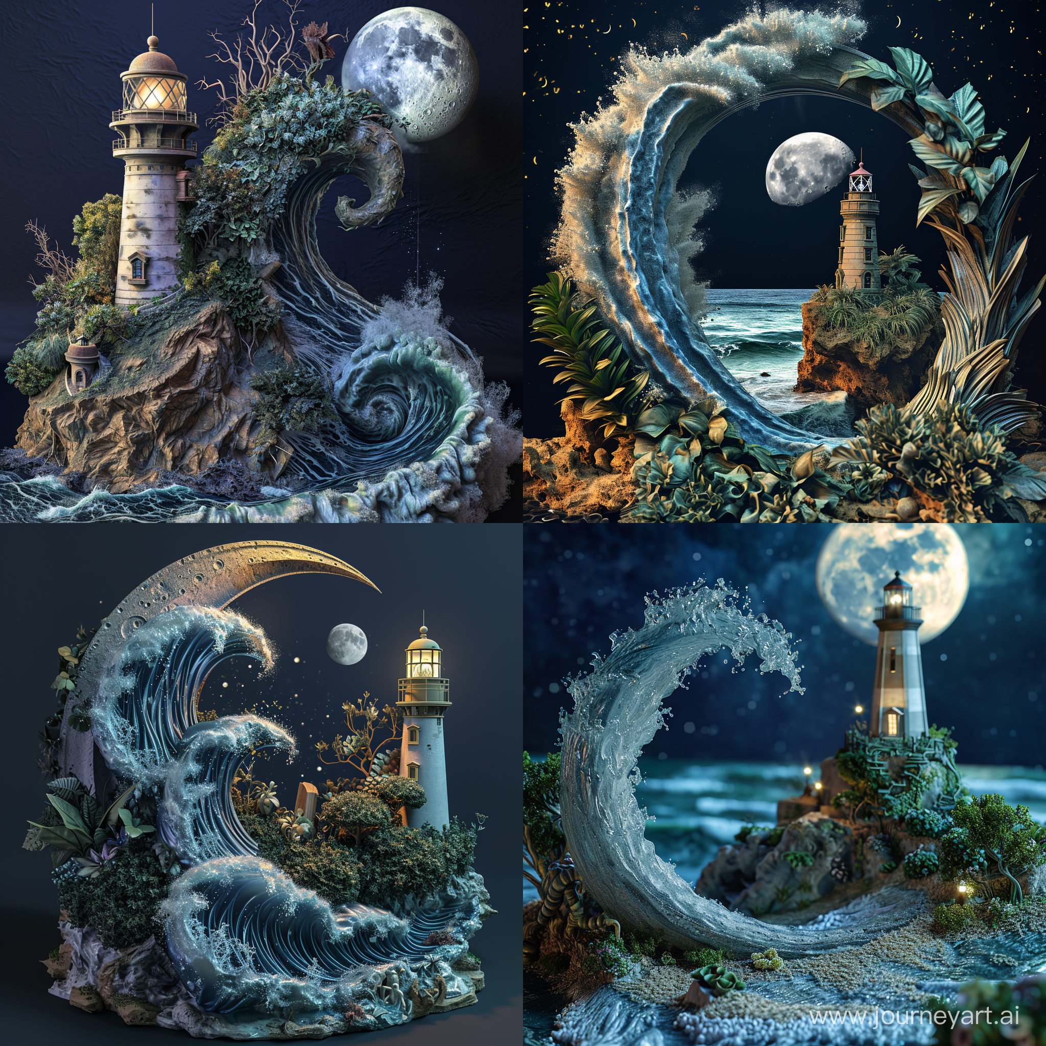 immersive fantasy object, landscape+lighthouse+wave+cut relief, night botanical+big moon, microcosm surrealism,  professional photo, ue5, hdr, super detail, maximum quality