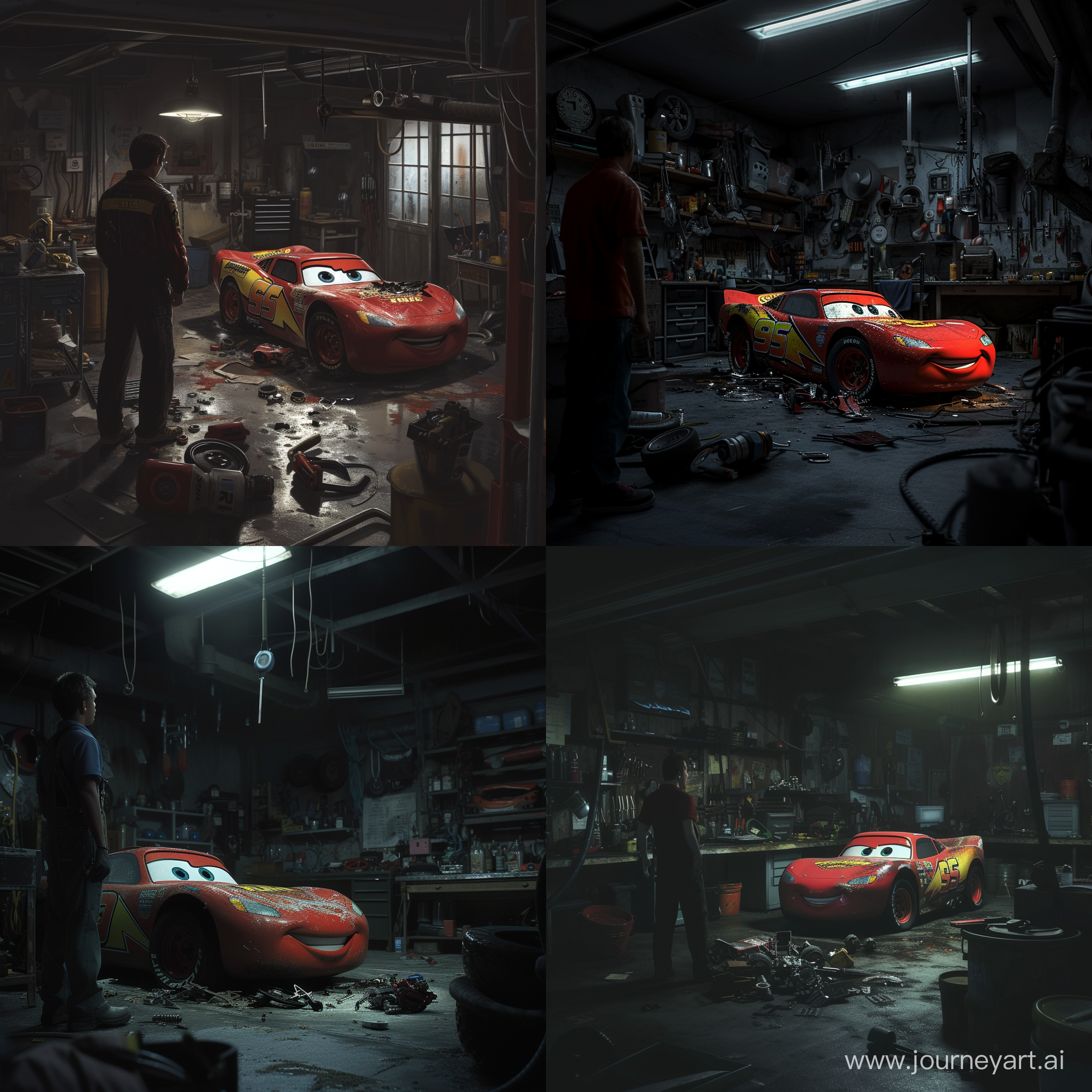 В очень темном гараже стоит на переднем плане механик а рядом немного поломанный Lighting McQueen по полу разбросаны детали