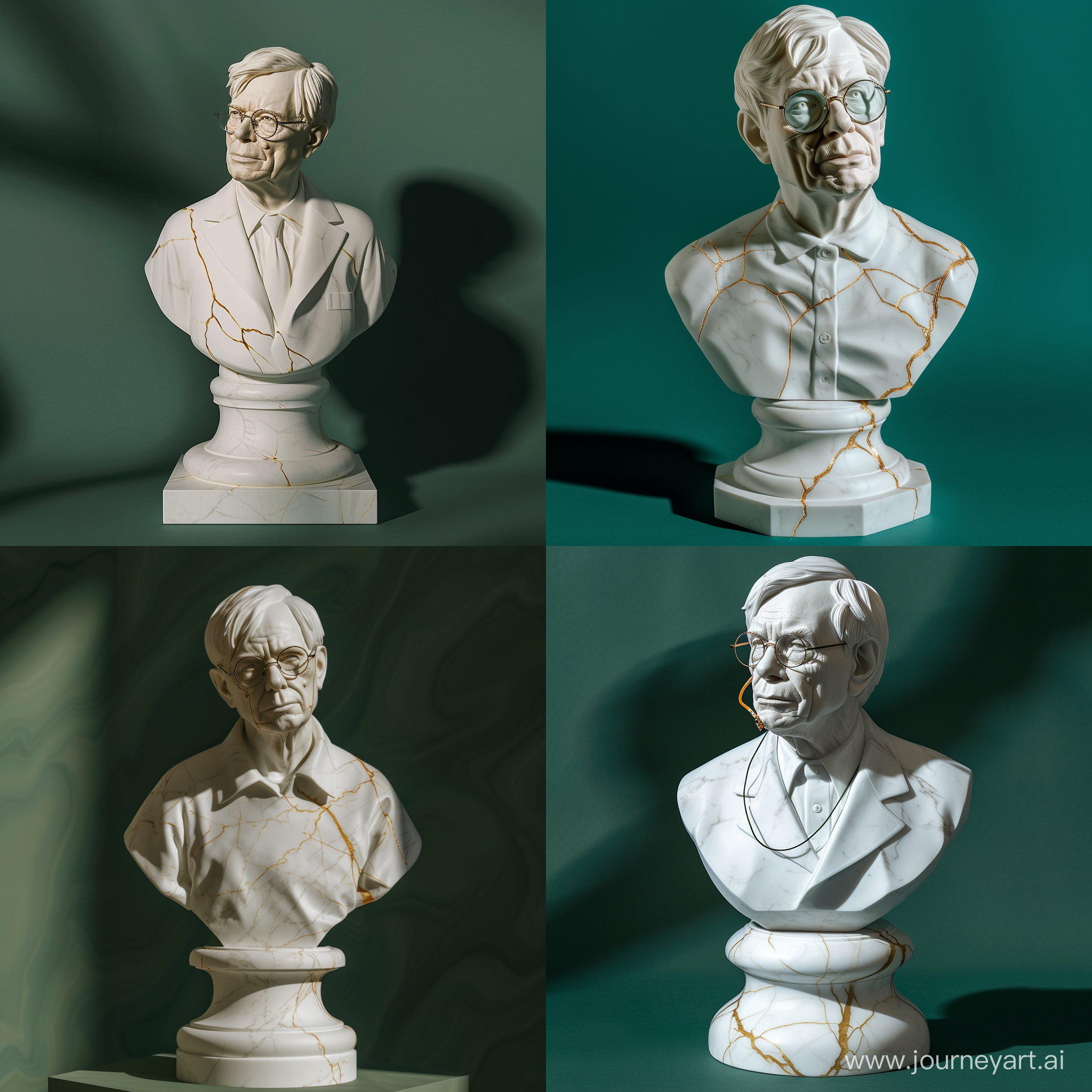 White marble with golden veins Stephen William Hawking statue in white color, stone base that can be seen completely, bust, monochromatic green background without pattern, shadow and light, cinematic pose, wide picture, high precision