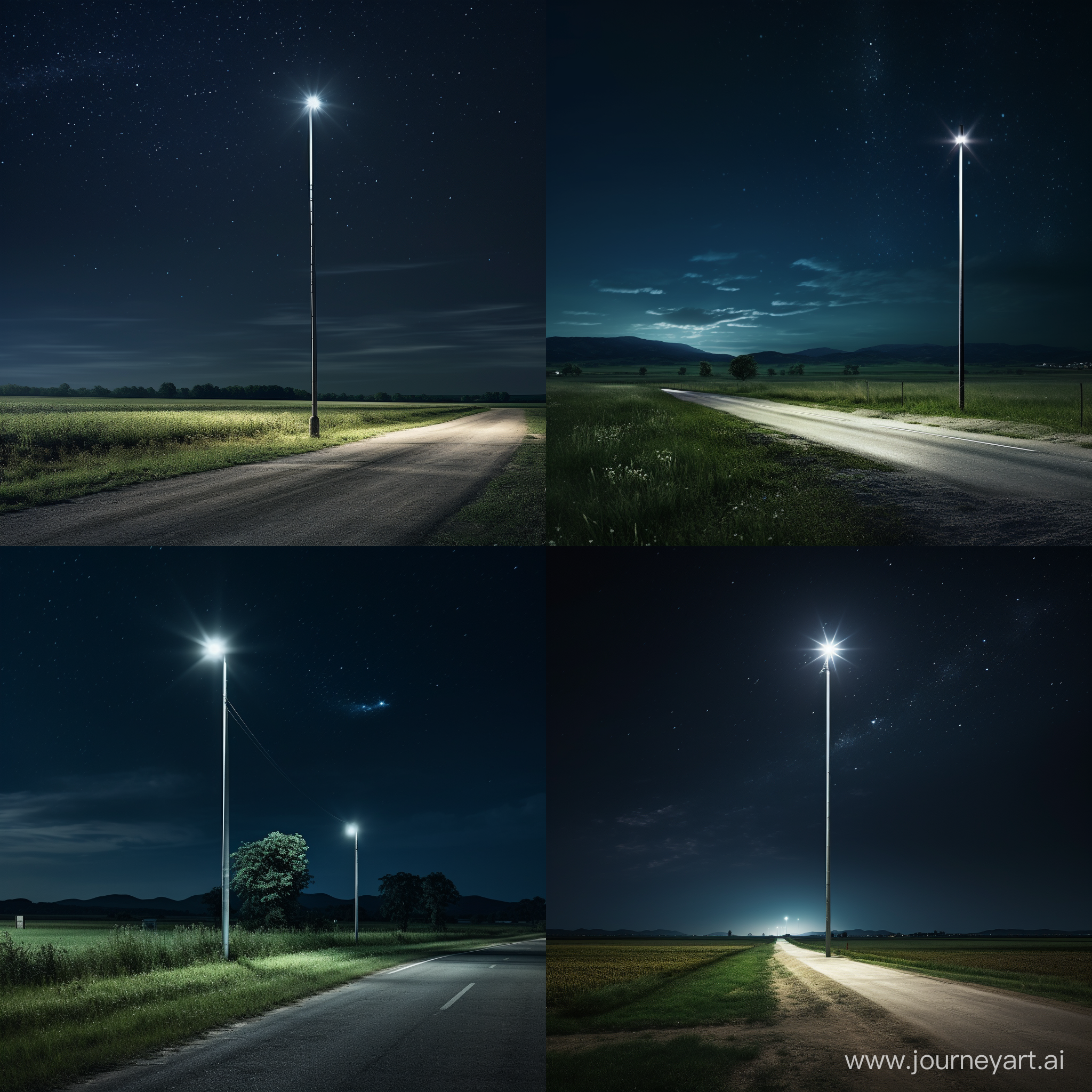 A modern but classy light pole standing beside a road on the countryside at night. The light pole is runned by a solar panel that is located on the top og the light pole. There is a discreet sensor that detects when there is a car driving by and the light pole atumaticly turns on the light. There is a beautiful night sky 