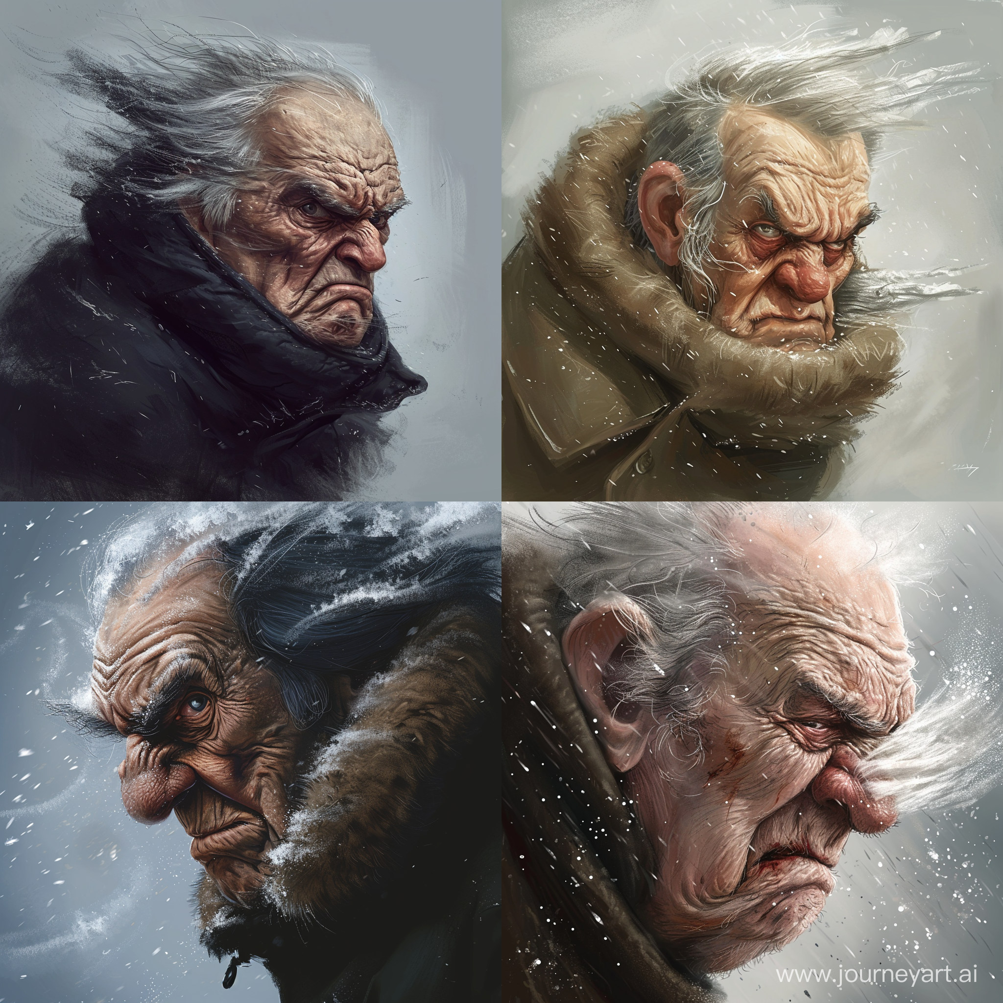 an grumpy older man with his face scrunched up against the cold wind. His cheeks should be blowing back like a blood hound.
