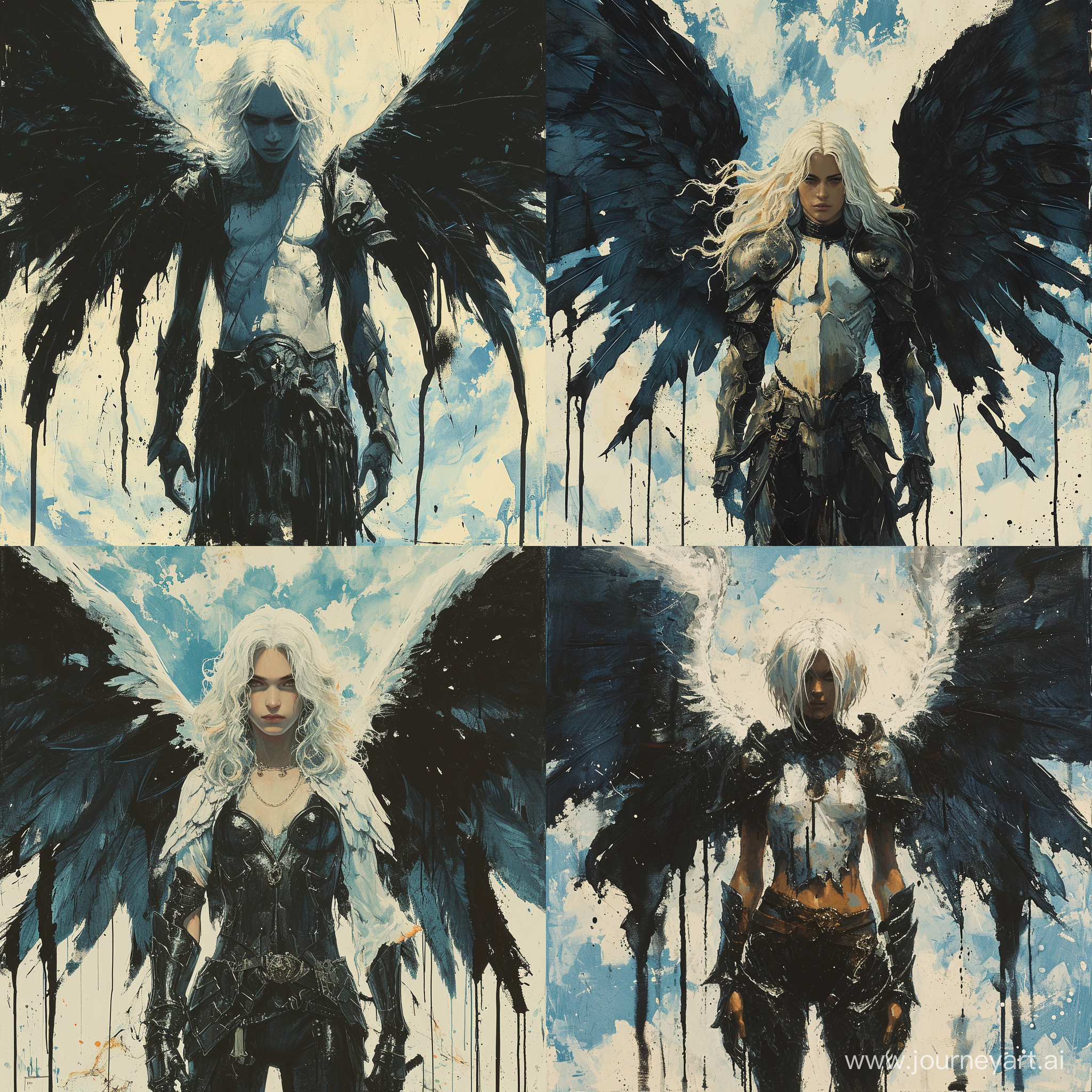 color monotype print, dark angel with large black wings, standing in front of a sky background with white and blue hues, the angel has white hair and is wearing a armor-like outfit, the wings are spread out and there are black paint drips trailing from them, --s 500