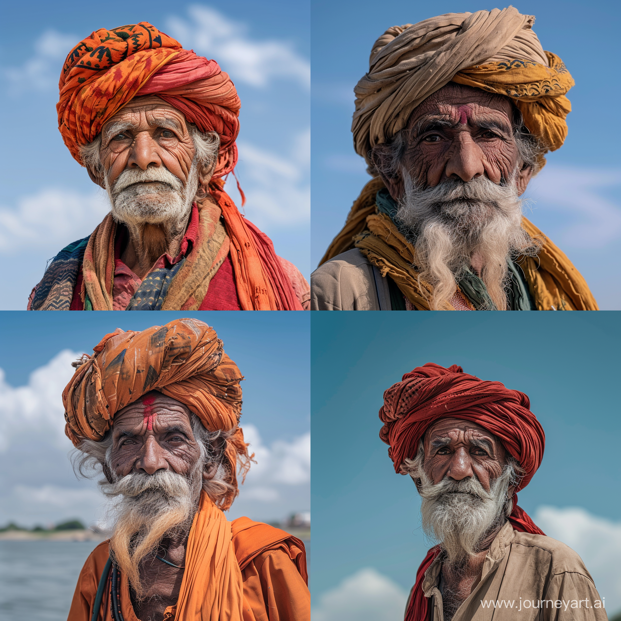  very old rabari rajasthan with turban  standing for the ganges by bleu sky     normal angle  fujii xt2 camera