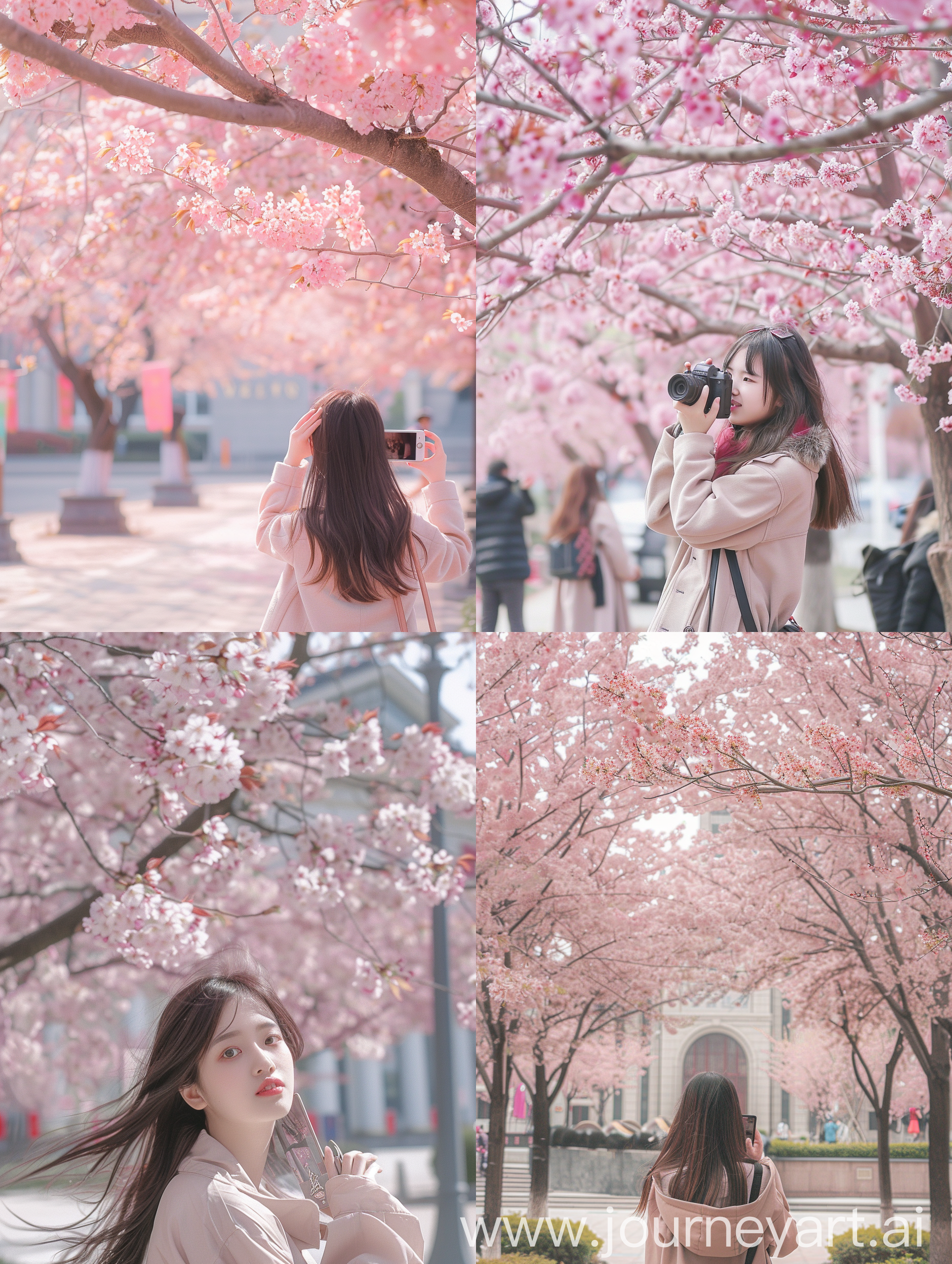 在潍坊市人民政府前樱花树下拍照的少女，风和日丽，秀发飘逸，长相甜美
