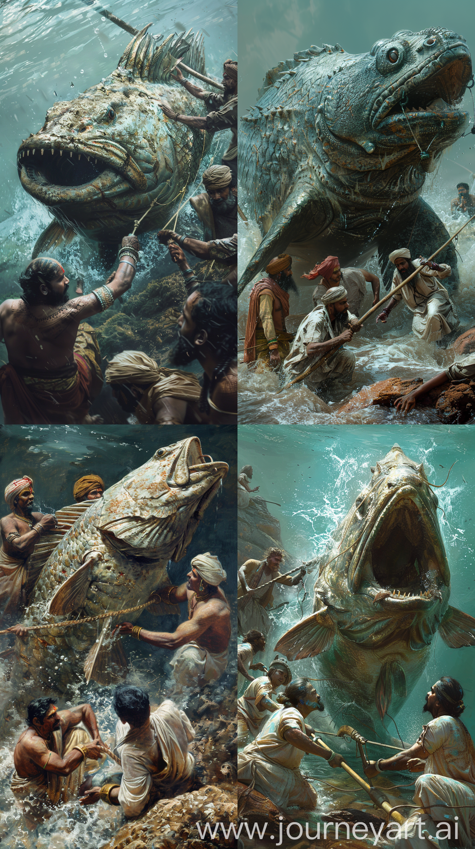 A group of Indian fishermen from ancient Indian times hauling a big fish like creature with the head of a lizard from the sea, intricate details, 8k quality image --s 200 --ar 9:16 --v 6