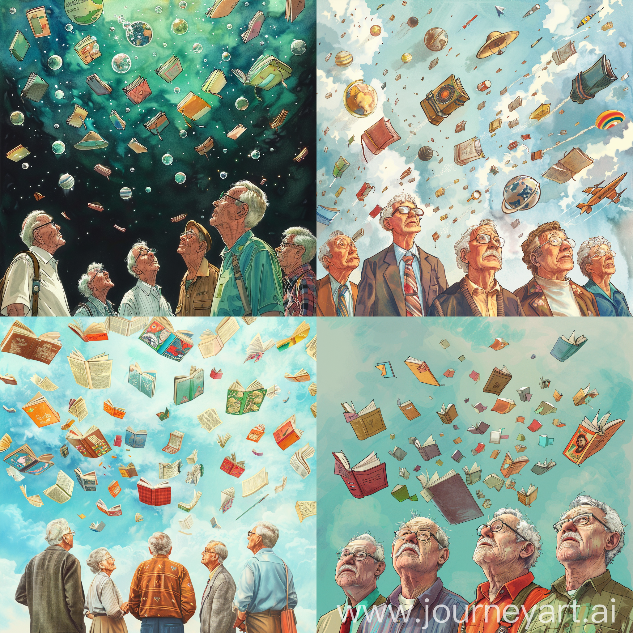 A group of senior citizens looking up into a sky full of subjects to learn, like a university for retired people,