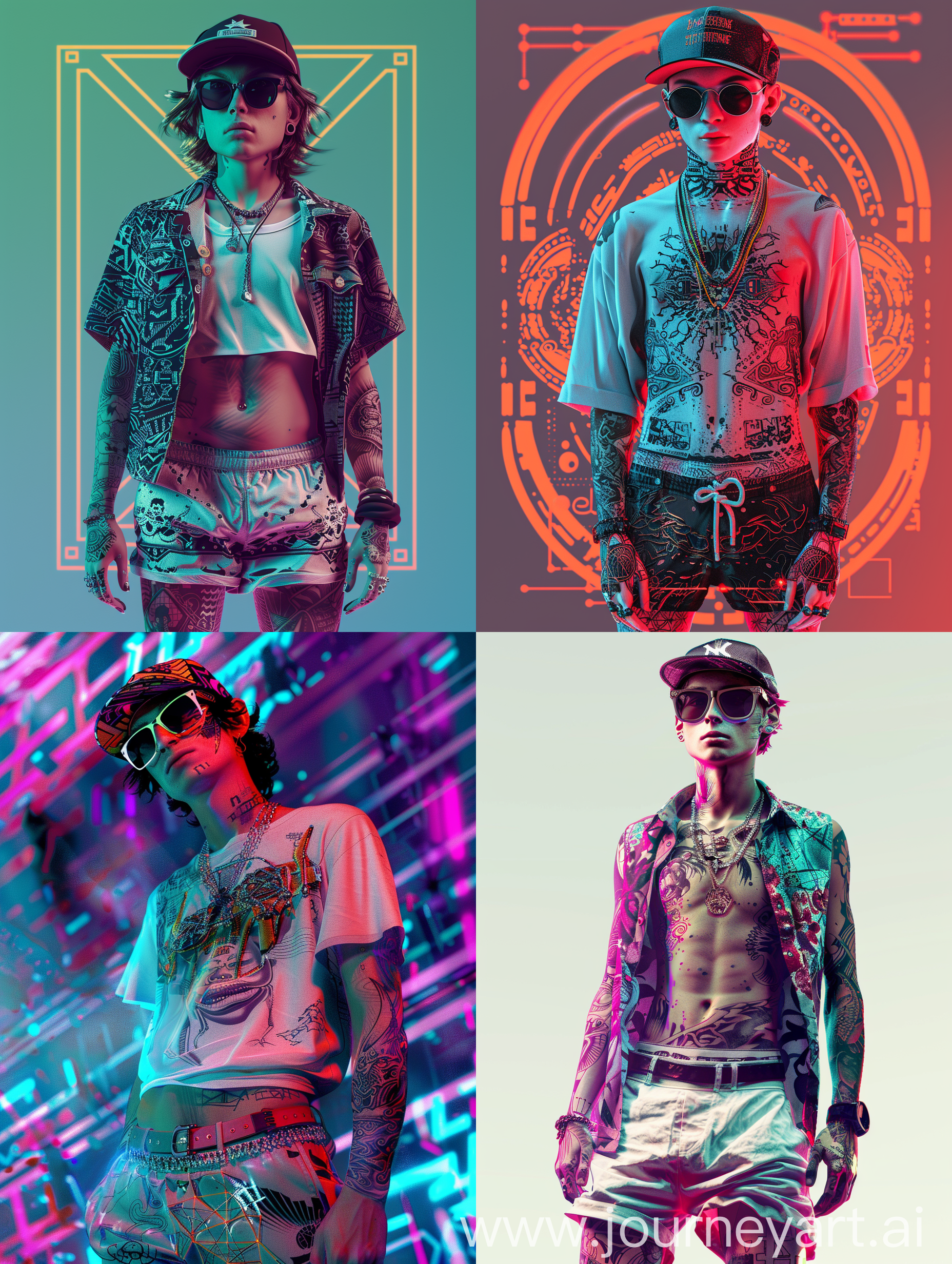 A very attractive 17-year-old young man with sunglasses and a baseball cap (hip-hop) and undershirt and shorts, tattoo style, cyberpunk style, intricate details, colorful neon style, very interesting intricacies 
