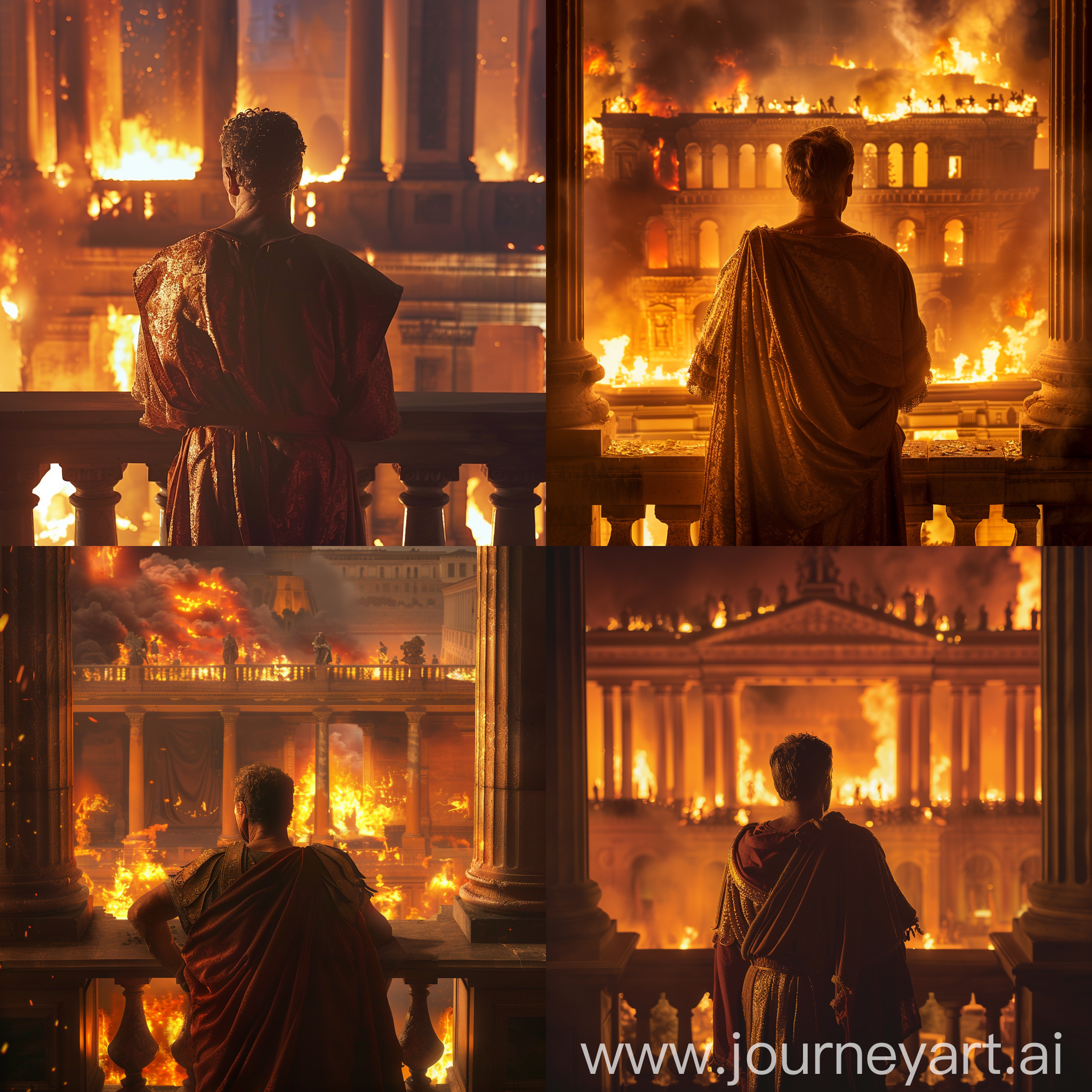 Back view of Emperor Nero watching the Great Fire at Rome on his palace balcony, he is in Roman robe attire, great fire blaze at Ancient Rome, dramatic lighting