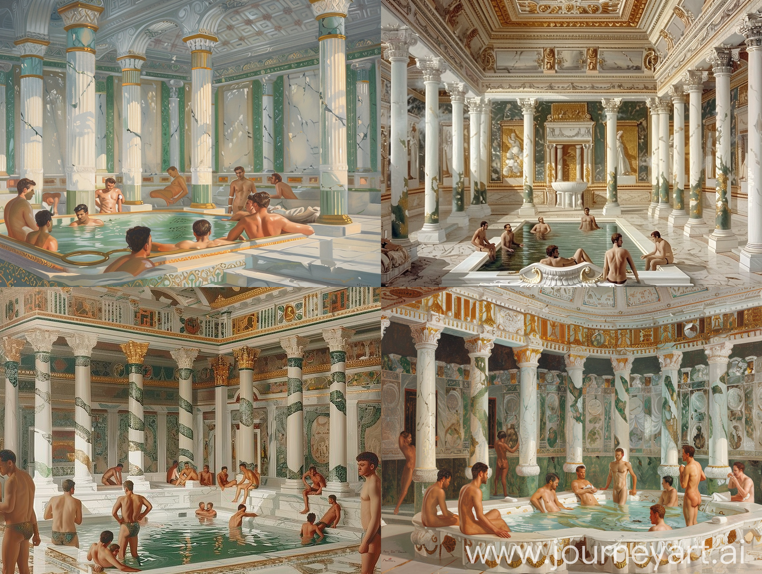 Baroque style oil painting, men's bath in ancient Greece, full of luxury, Turkish bath with beautiful gilded white marble pool and white and green marble columns, attractive men bathing and relaxing, very beautiful painting