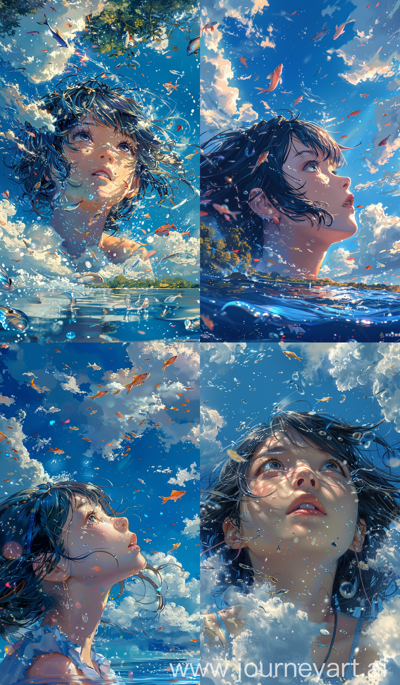 Beautiful anime scenary,mokoto shinkai style, cloud man, sky escape view, beautiful flying fish over sky, magical look, amazing clouds style, girl look above from calm water ,breeze, illustration, close up view, ultra HD, "high quality", sharp details, no hyperrealistic --ar 10:17 --s 400