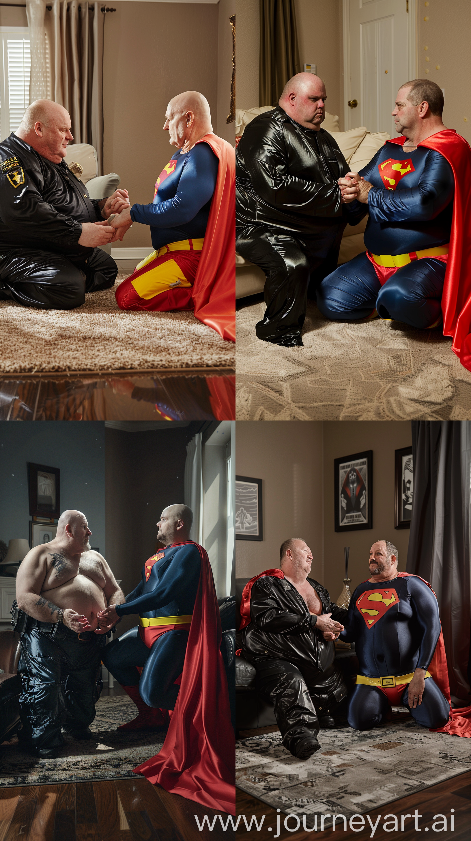 Close-up photo of a fat man aged 60 wearing a silk black security guard battle coverall. He is holding the hands of a fat man aged 60 wearing silk navy blue full superman tight jumpsuit with a large red cape red trunks, yellow belt sitting on the floor. Living Room --style raw --ar 9:16