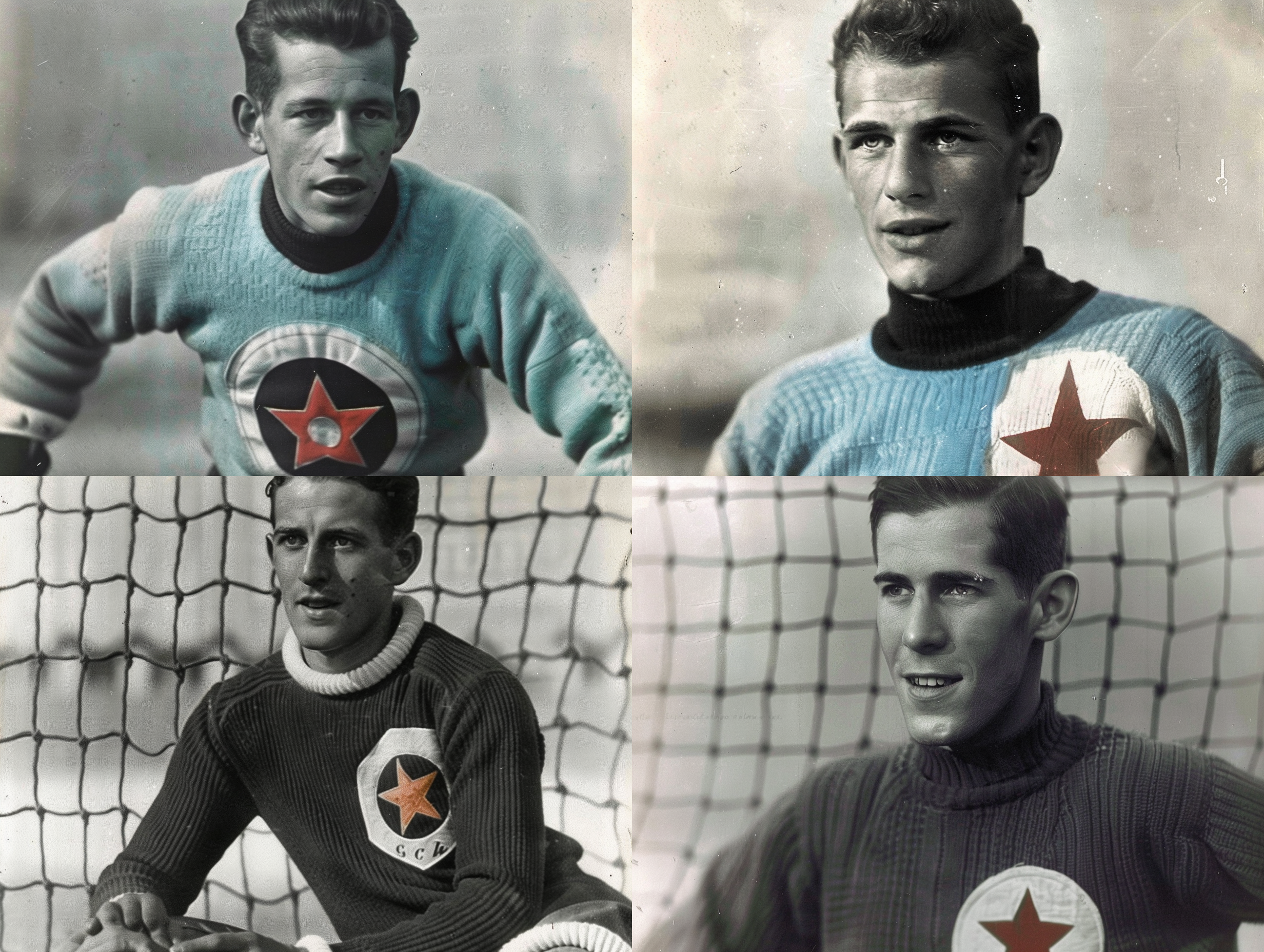 Colorize Photo on this URL https://en.slavia.cz/img/historie/hraci/planicka.jpg 
There is footbal goalkeeper in sweather. The color of sweather is light blue, he has a white circle on his chest and a red star in it.