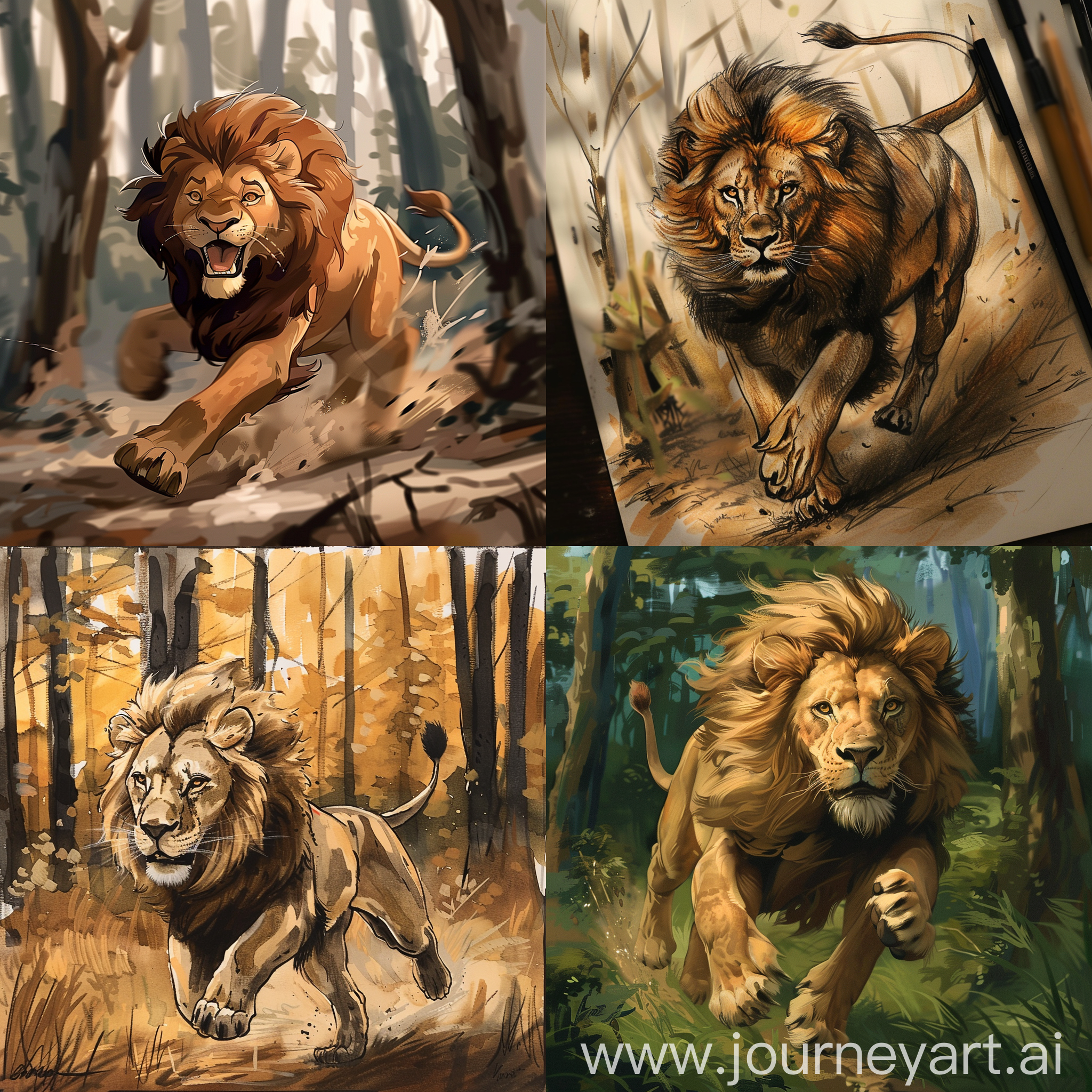 Draw a lion who run in a forest lika kinge