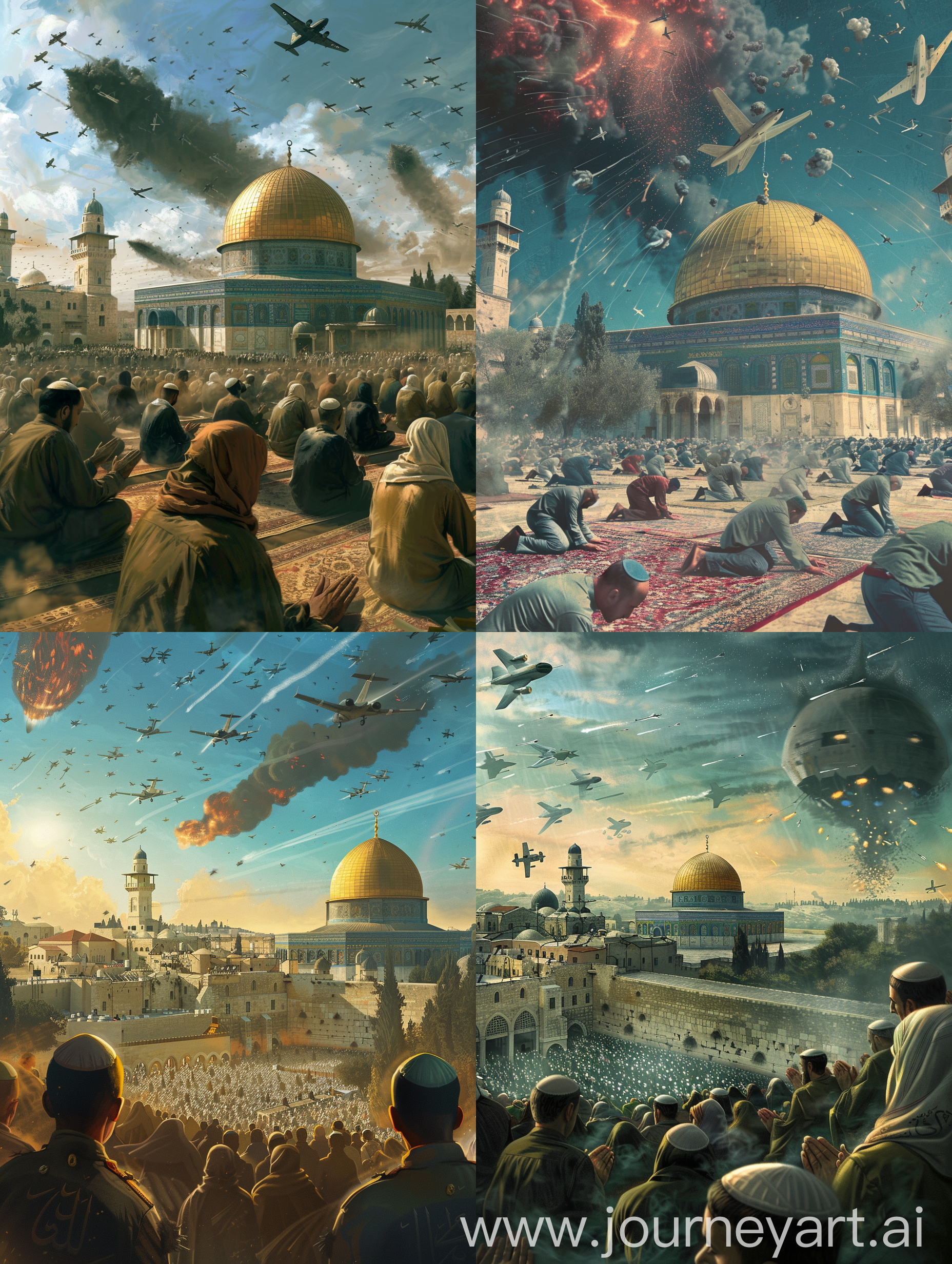 Show Muslims praying, in a mystical and spiritual atmosphere, with spirits flying into the sky, and planes dropping 
, with the Al-Aqsa Mosque in Jerusalem in the background.