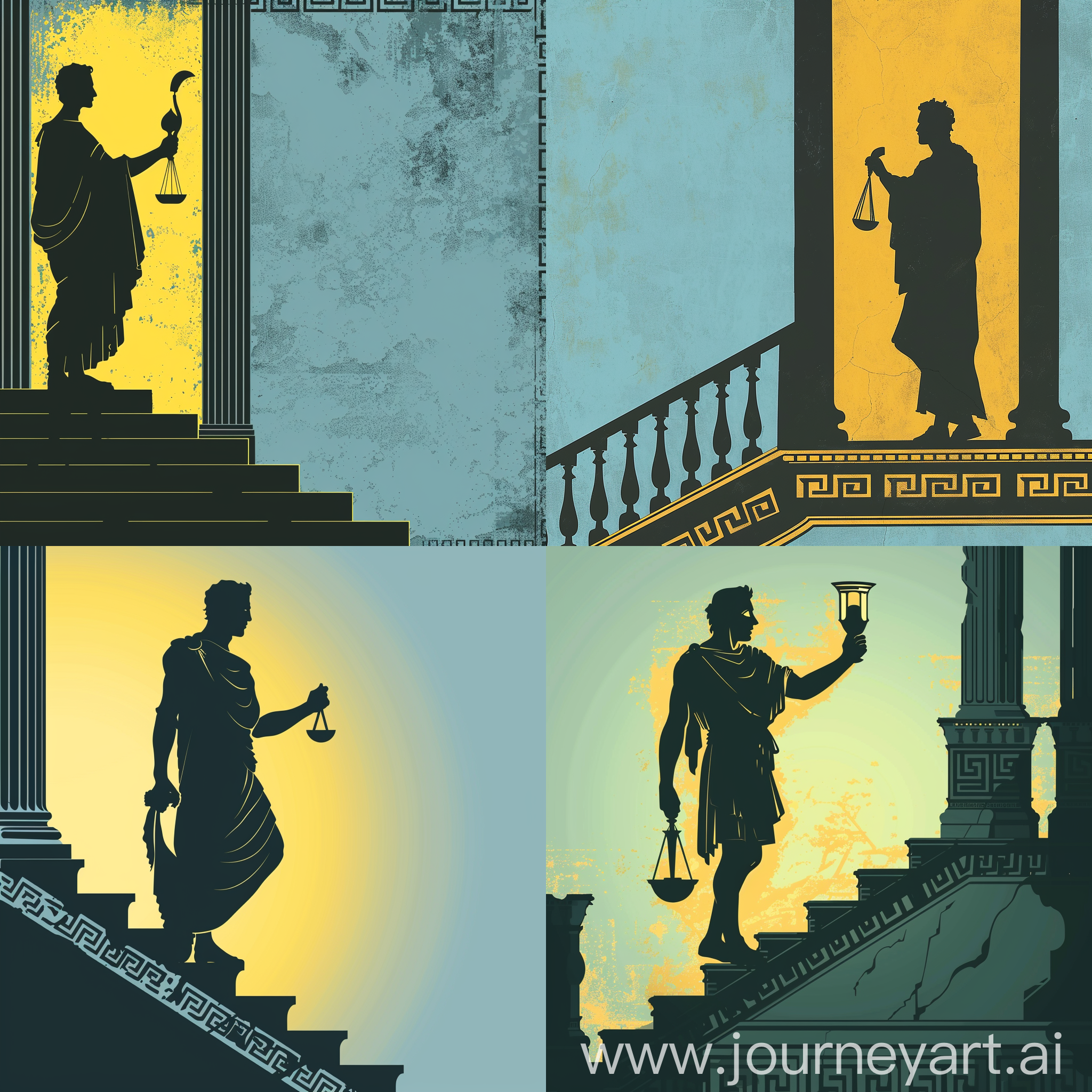 Silhouetted Judge Dike standing on a staircase, holding in his hand the ((Lady Dike of Greek mythology)), Justice.  The background is in the style of a Greek wall and the color is a bright yellow glow. Light blue background