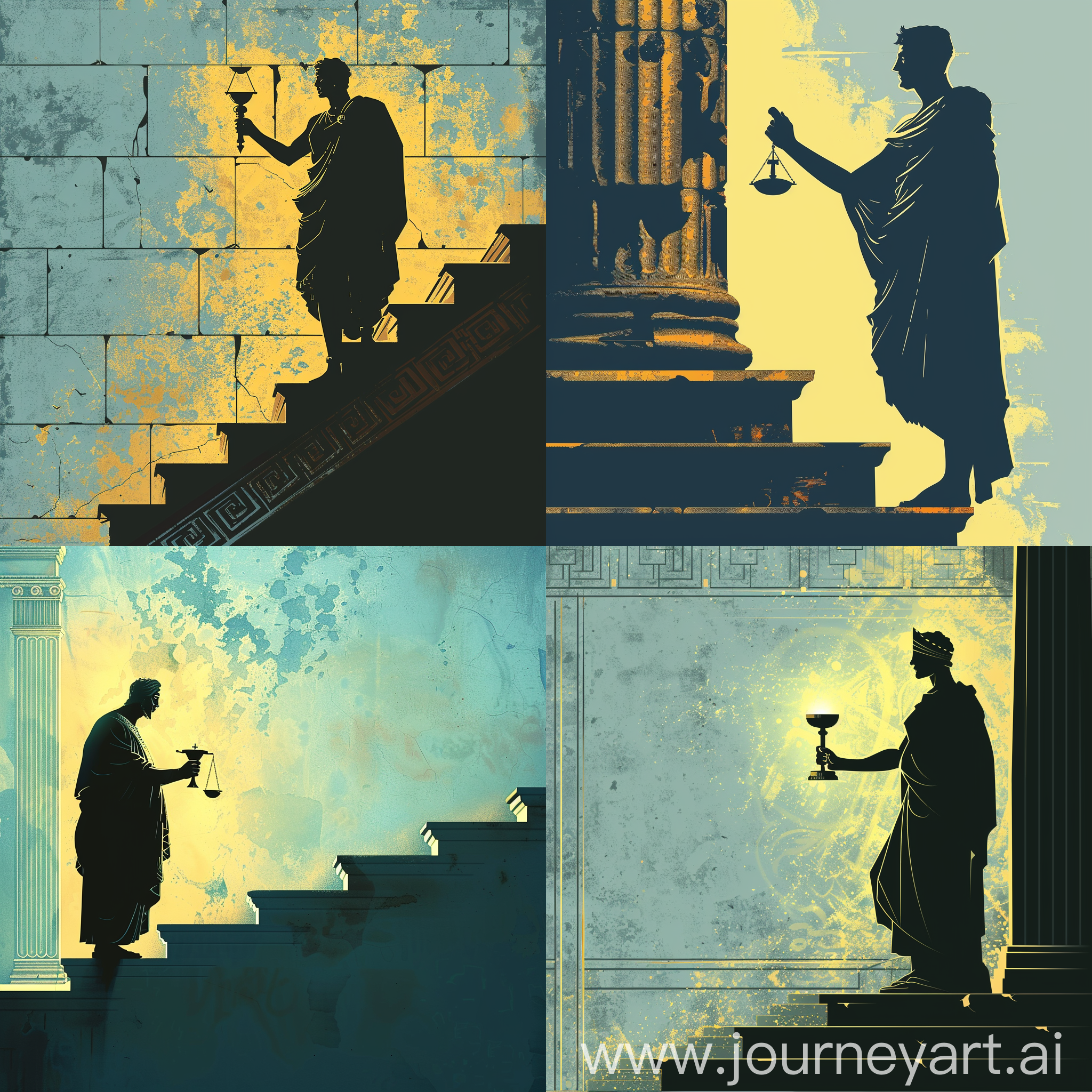 Silhouetted Judge Dike standing on a staircase, holding in his hand the ((Lady god Dike of Greek mythology)), Justice.  The background is in the style of a Greek wall and the color is a bright yellow glow. Light blue background