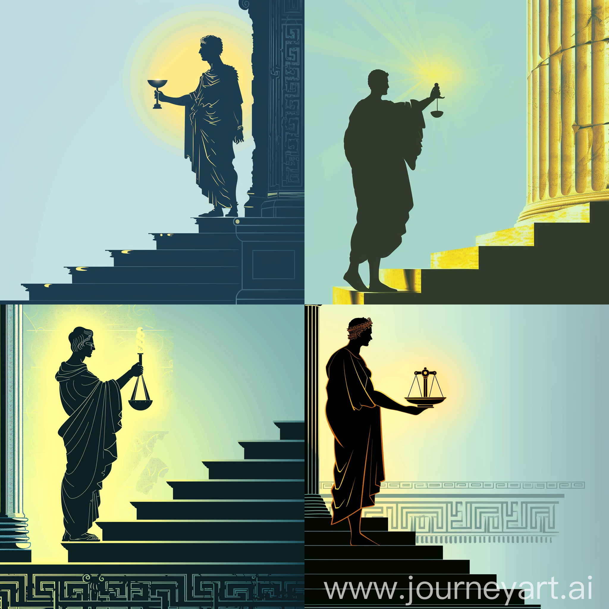 Silhouetted ((Judge lady god Dike)) standing on a staircase, holding in his hand the ((Lady god Dike of Greek mythology)), Justice.  The background is in the style of a Greek wall and the color is a bright yellow glow. Light blue background