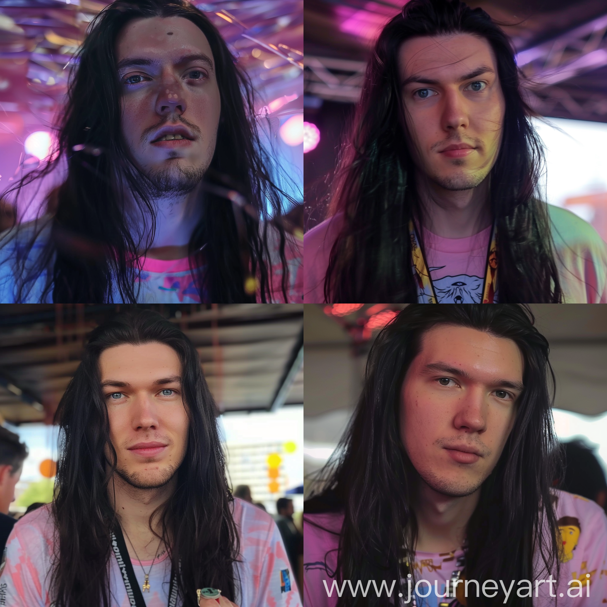 Slovak YouTuber FiFqo, with long black hair being a DJ, at an event, beach party, playing music, Dancing, pink shirt, cool lights, YouTuber, FiFqo, Filip Jánoš, use this picture of his face as sample: https://cdn.discordapp.com/attachments/828359970583216138/1226134617950781544/image.png?ex=6623a9d9&is=661134d9&hm=8e0699886e6a9b735ed10b358e7afb51e726b161103d56a9aba1cbcdc2d90628& make sure you preserve his face well, https://media.discordapp.net/attachments/828359970583216138/1226136106270068827/image.png?ex=6623ab3c&is=6611363c&hm=5ae9be4702e999f9681915da9e76a7c25f0043a5b9df1ad908a6dcef544335e3&=&format=webp&quality=lossless&width=413&height=437