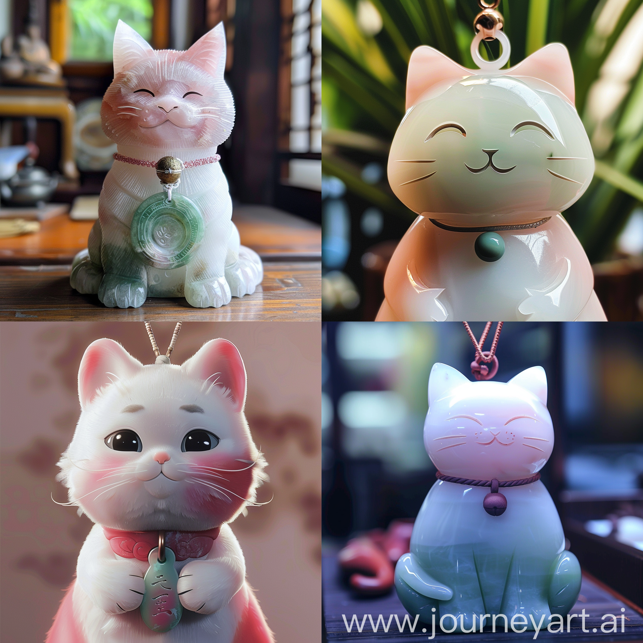 吉祥物，一只白种掺粉的猫，脖子上戴着一个白色占比15%在边缘渐渐过渡到中心粉色85%占比雕刻的小猫形状的玉