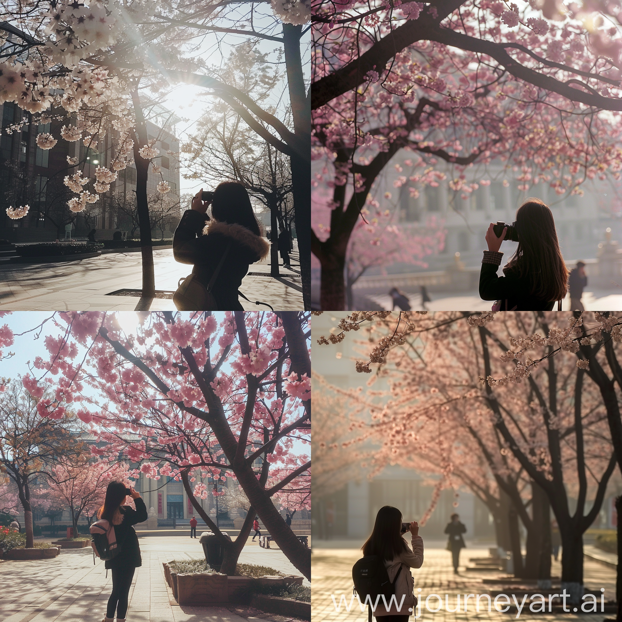 青春少女在潍坊市政府前樱花树下拍照，青春靓丽，风和日丽，背影和侧颜，绝美画面，