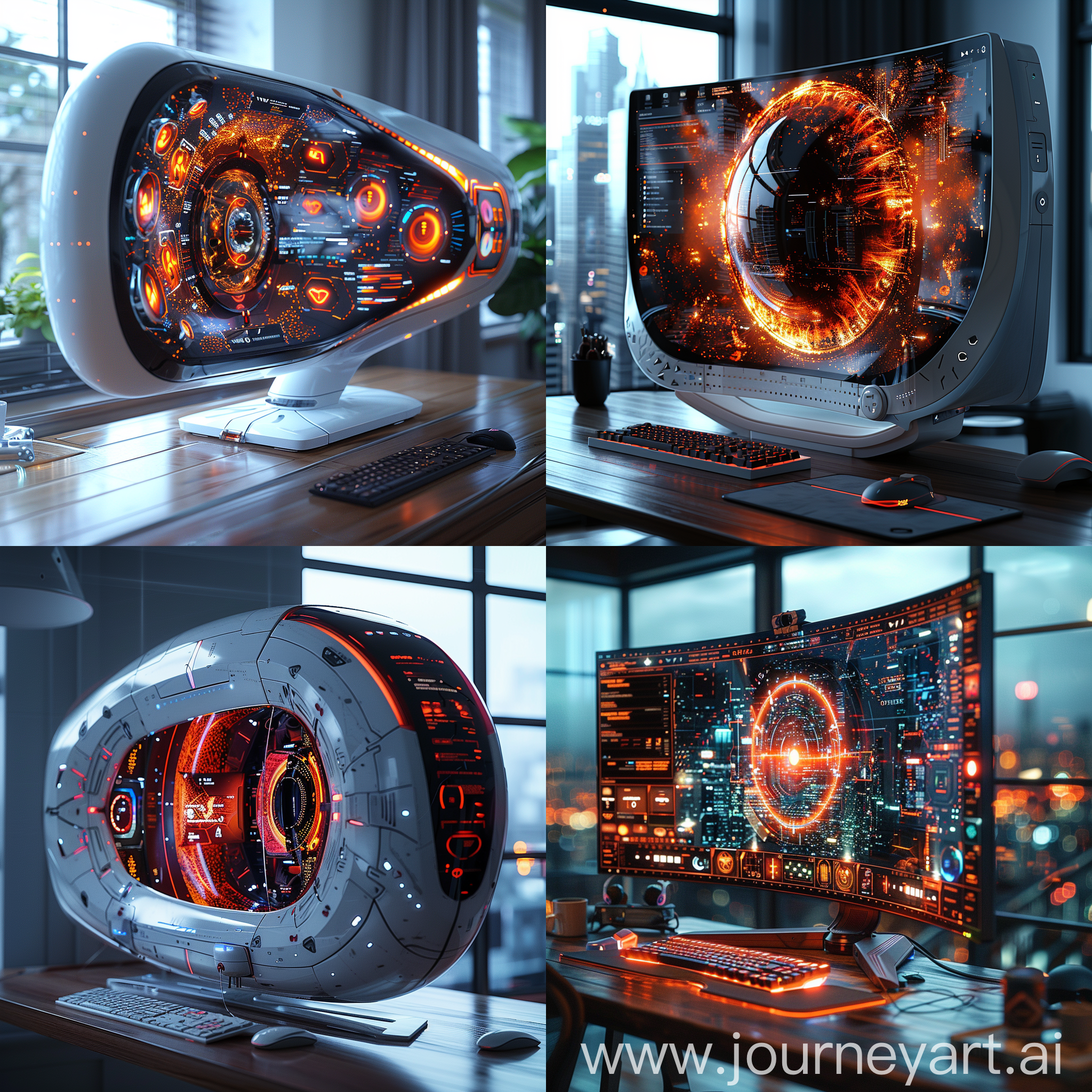 Ultramodern, futuristic PC monitor, Wraparound OLED Display, Retinal Projection Display, AI-powered Image Optimization, Haptic Feedback Display, Modular Design, Built-in Environmental Controls, Eye-Tracking Integration, Wireless Connectivity, Self-Healing Materials, Voice Control Integration, octane render --stylize 1000