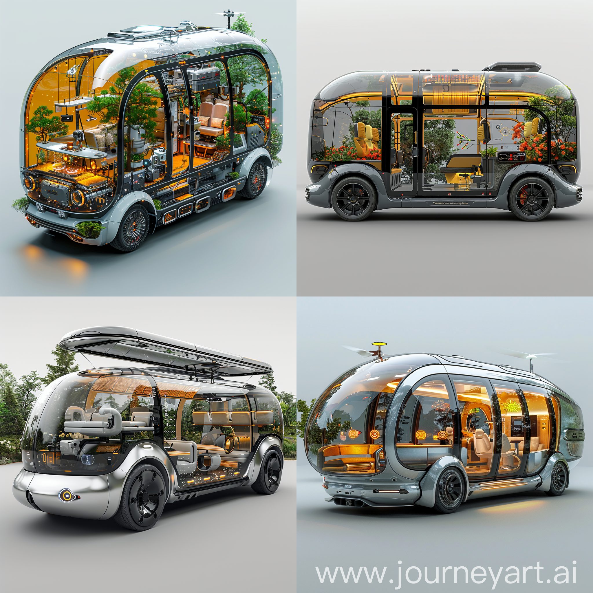 Ultramodern, futuristic microbus, Self-Driving Capability, Panoramic Sunroof, Modular Interior, AI Assistant, Voice-Activated Controls, Transparent OLED Displays, Recycled and Sustainable Materials, Kinetic Energy Harvesting, Chameleon Paint Job, Drone Delivery System, octane render --stylize 1000