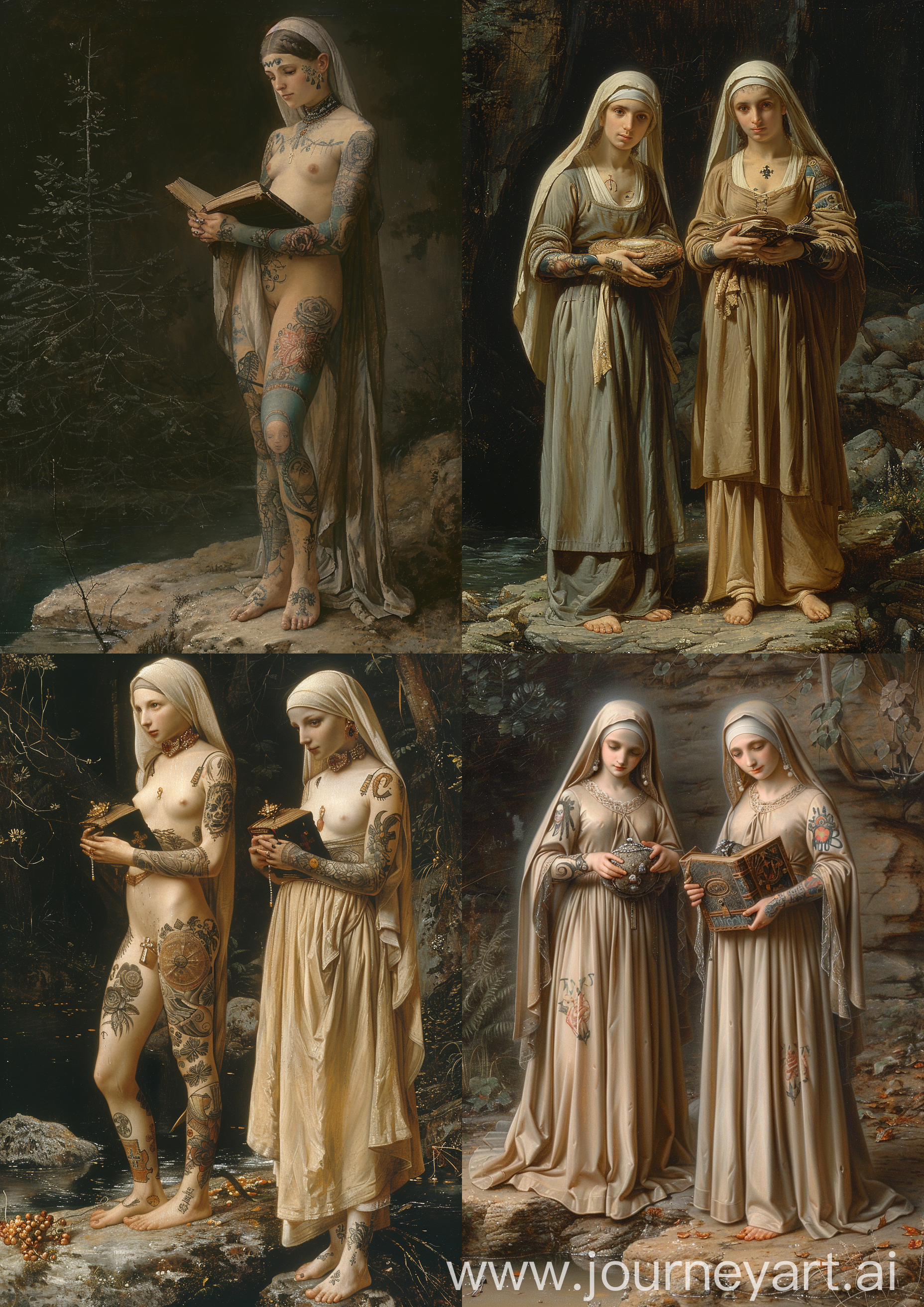 William-Adolphe Bouguereau painting of 2 tattooed nuns, holding some dark books, standing on a rock, obscure tones, high detailed, full body —c 22 —s 750 —v 6.0 —ar 5:7