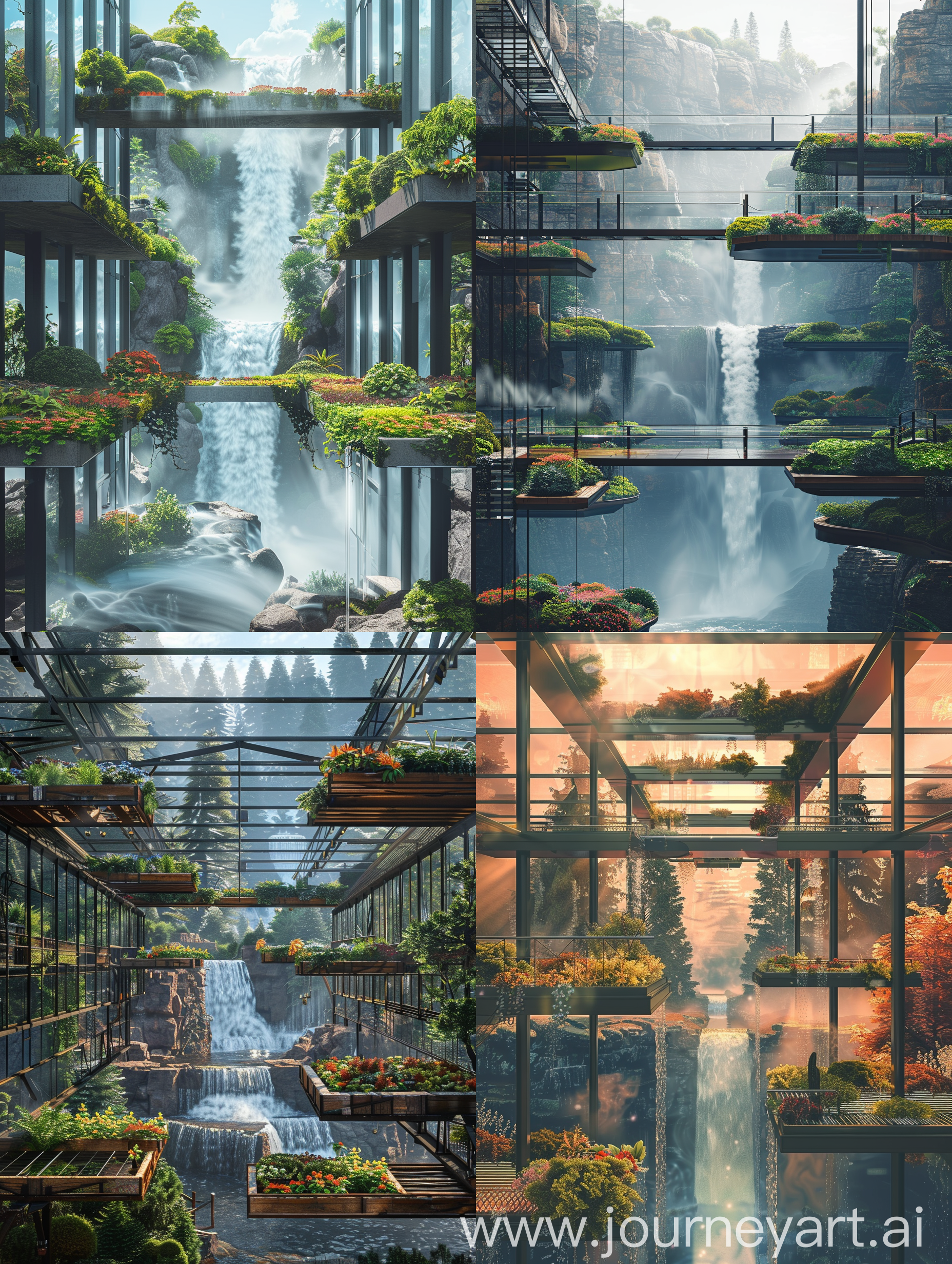 a realistic and high quality immersive photo of a 20th century style glashouse with suspended and independent floating platforms gardens on each of them with waterfall flowing between, point of view from a platform,photorealistic, professional quality light, professional focus, professional colors, post-processed and edited by experienced artist, long exposure, sharp focus
